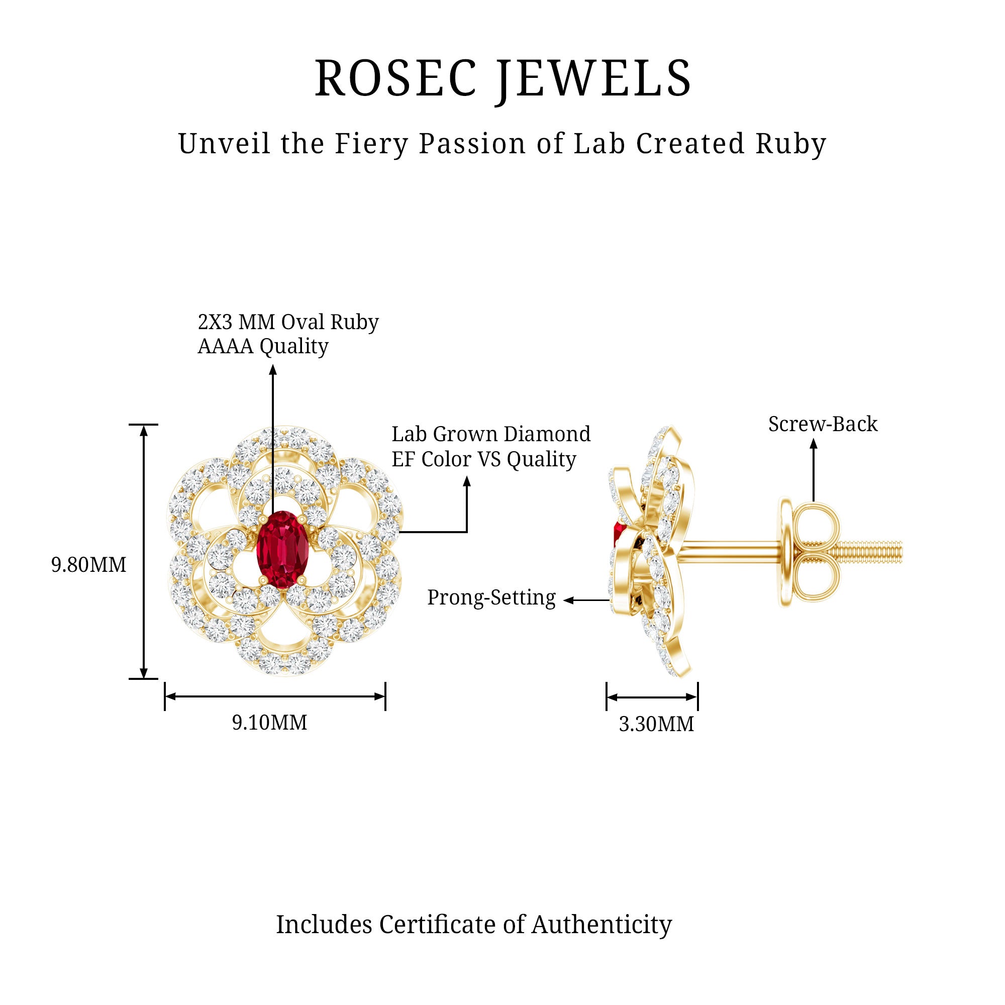 Certified Lab Grown Ruby Flower Stud Earrings with Diamond AAAA 14K Yellow Gold Plated Silver - Rosec Jewels