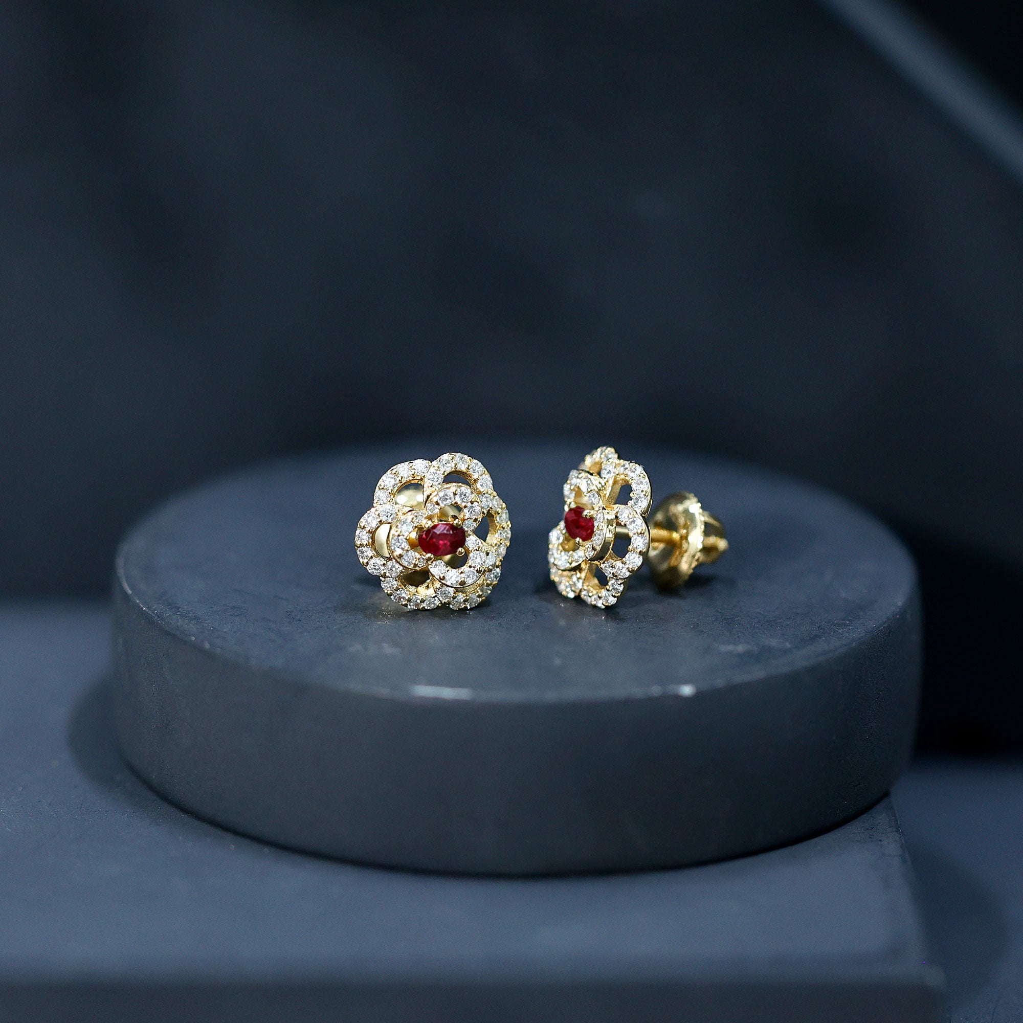 Certified Lab Grown Ruby Flower Stud Earrings with Diamond AAAA 14K Yellow Gold Plated Silver - Rosec Jewels