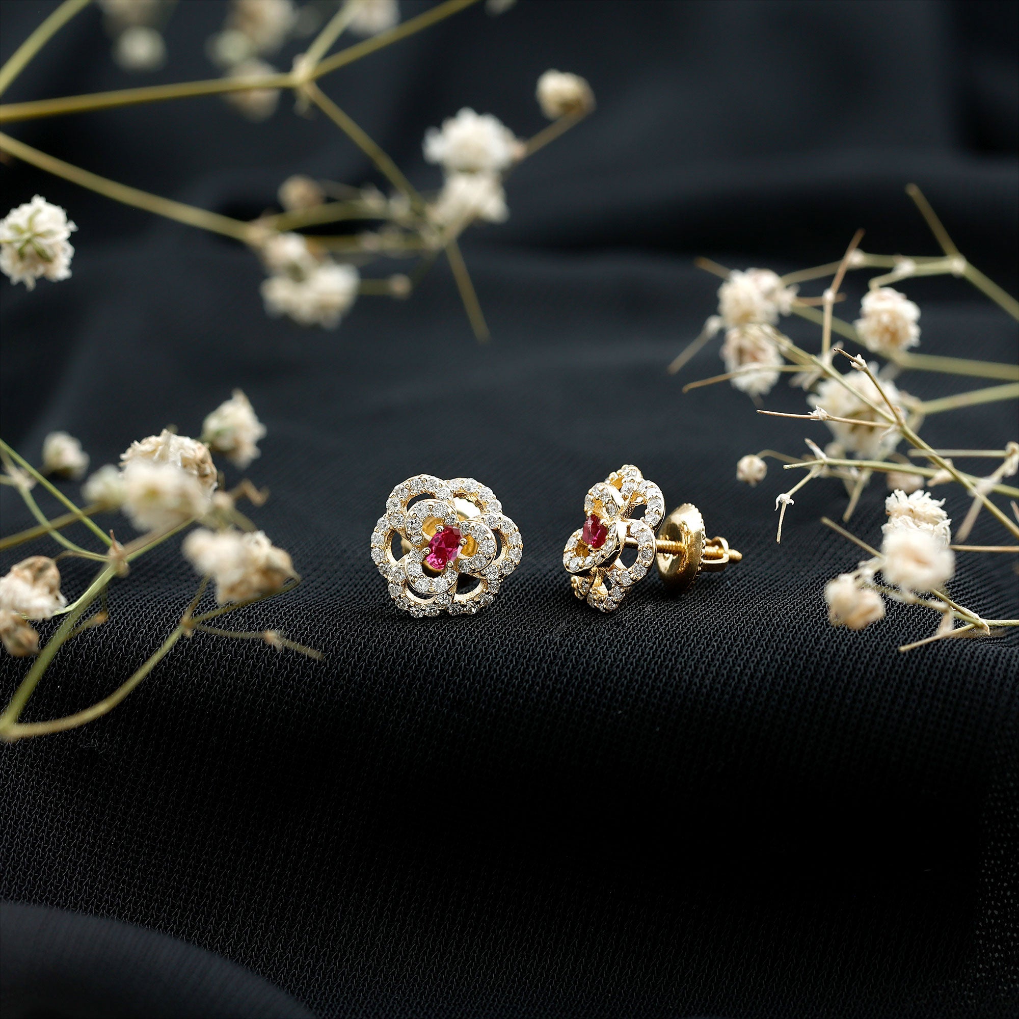 Certified Lab Grown Ruby Flower Stud Earrings with Diamond AAAA 14K Yellow Gold Plated Silver - Rosec Jewels