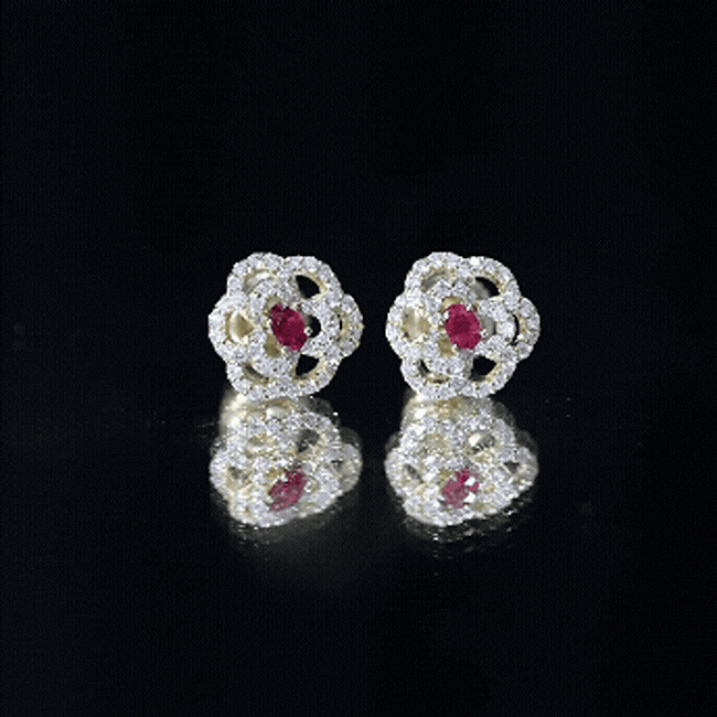 Certified Real Ruby Flower Stud Earrings with Diamonds AAA 14K Yellow Gold Plated Silver - Rosec Jewels