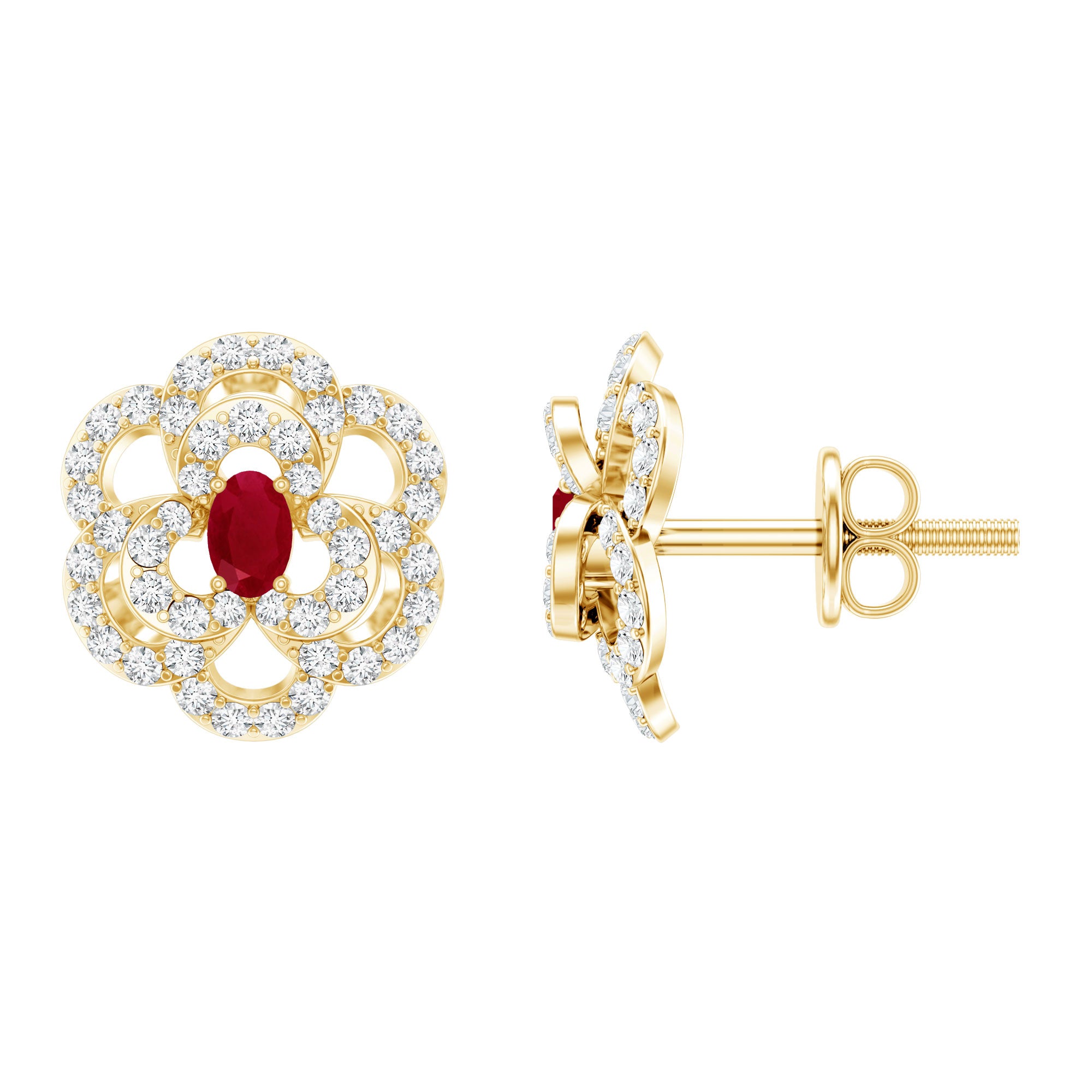 Certified Real Ruby Flower Stud Earrings with Diamonds AAA 14K Yellow Gold Plated Silver - Rosec Jewels