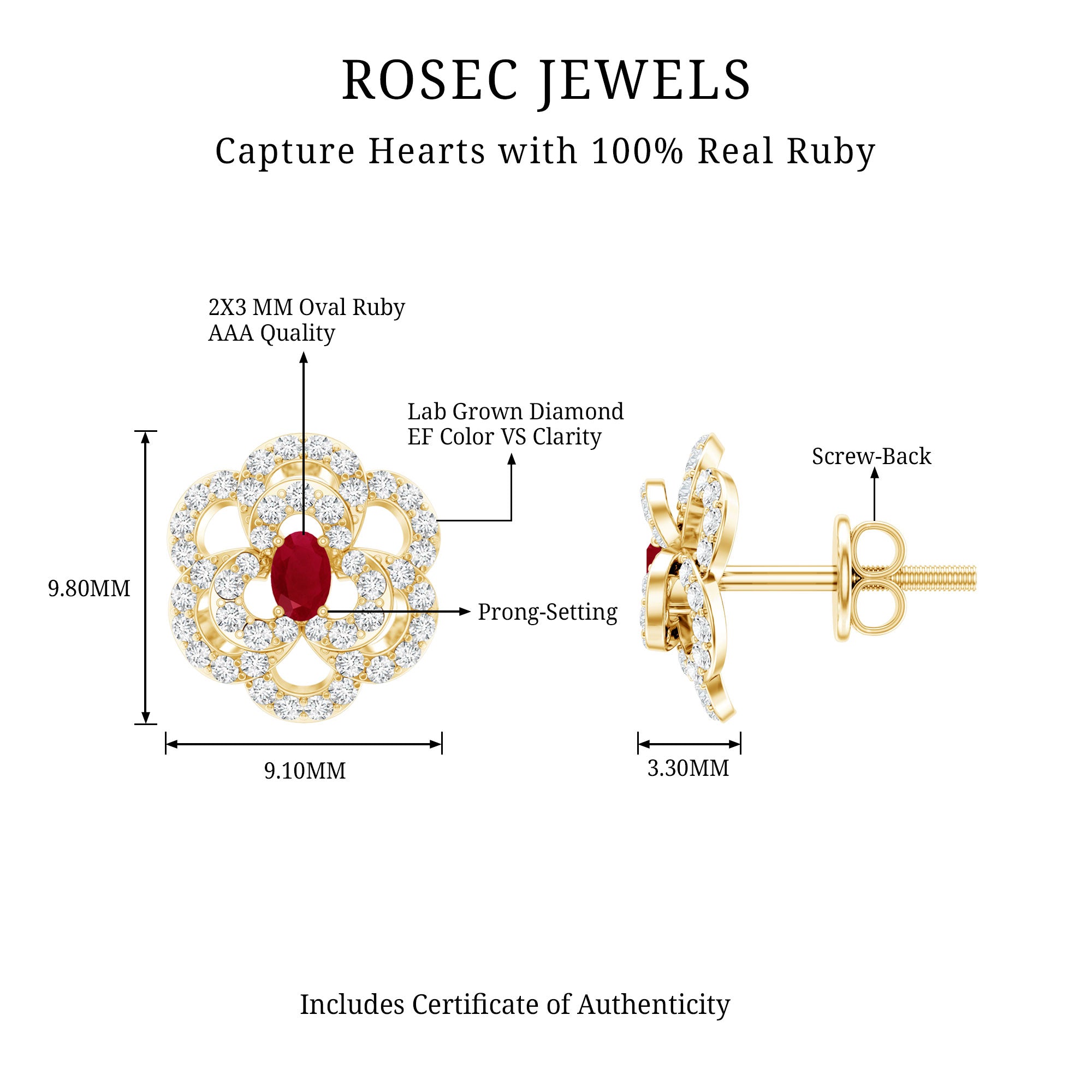 Certified Real Ruby Flower Stud Earrings with Diamonds AAA 14K Yellow Gold Plated Silver - Rosec Jewels