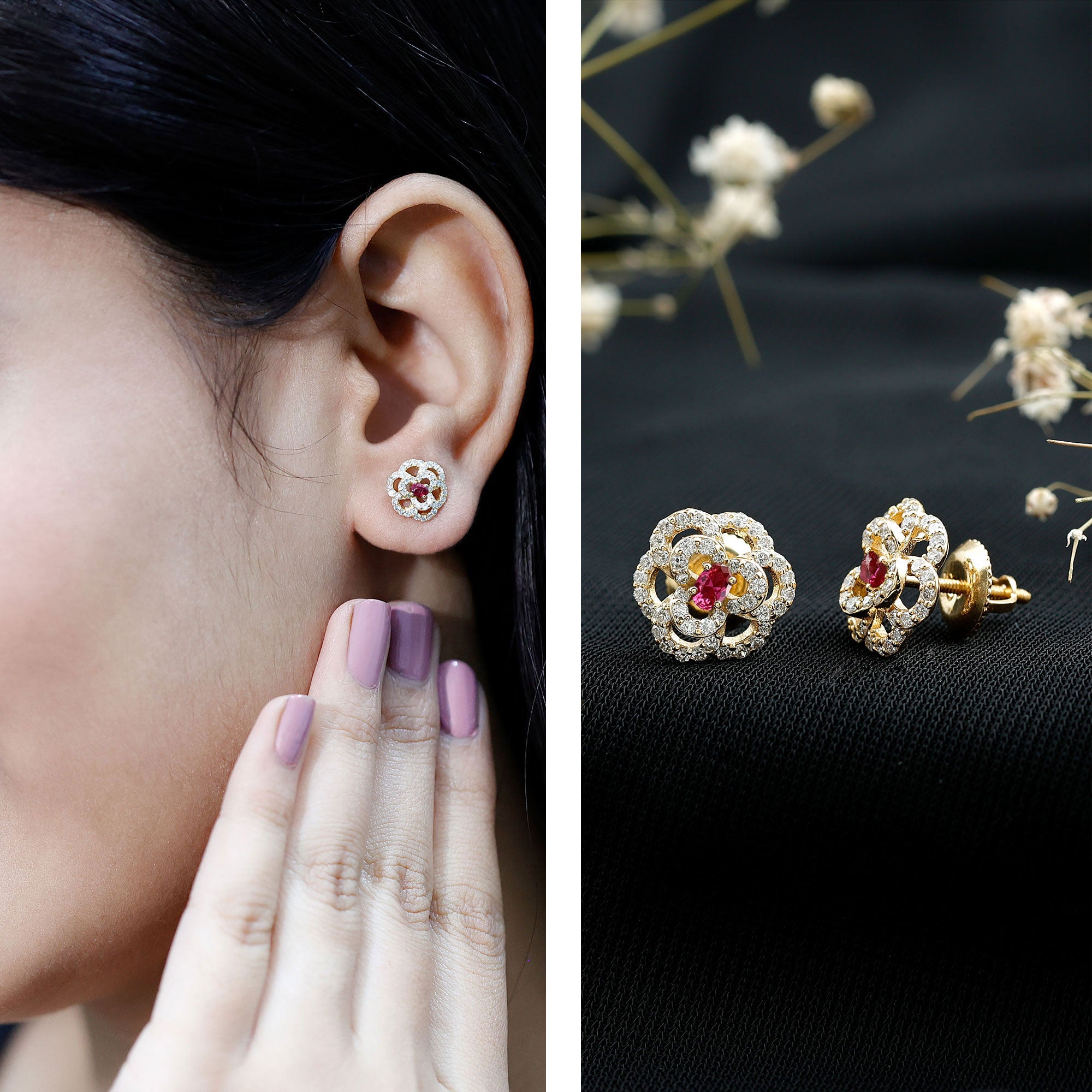 Certified Real Ruby Flower Stud Earrings with Diamonds AAA 14K Yellow Gold Plated Silver - Rosec Jewels