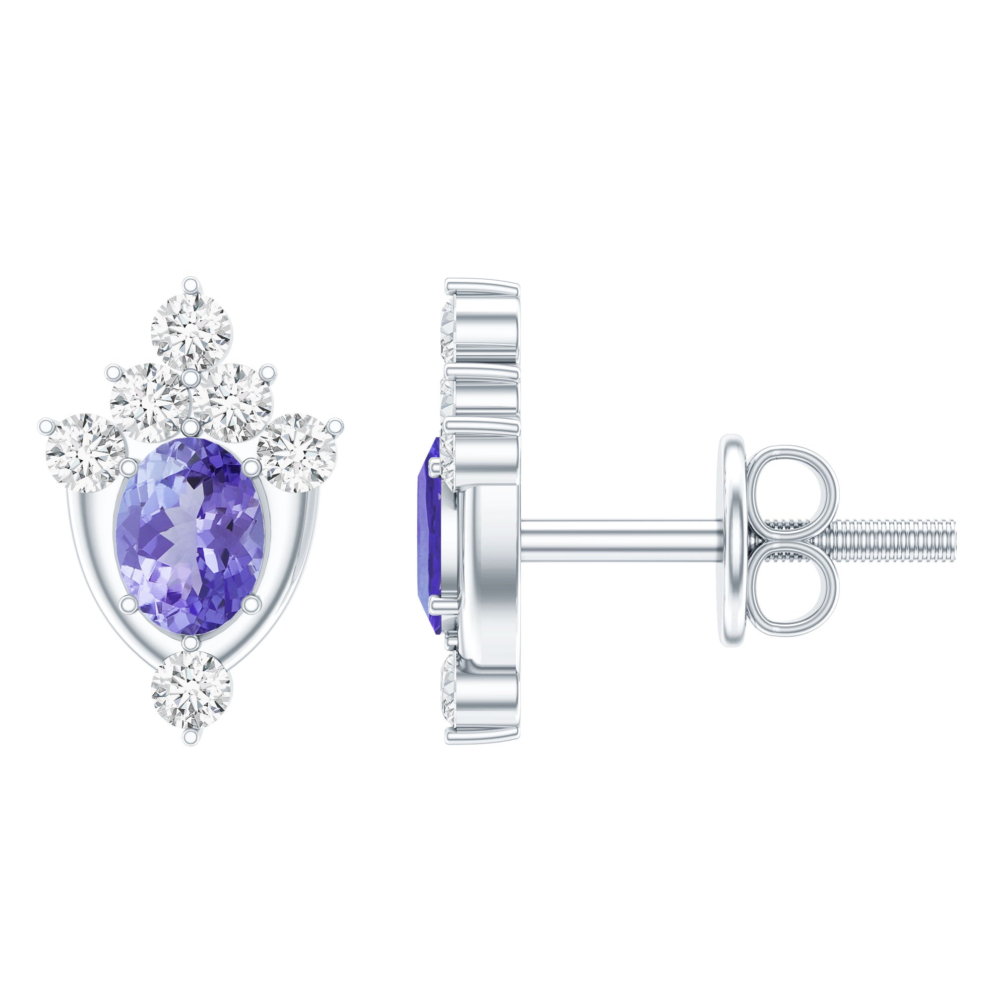 Oval Shaped Tanzanite Stud Earrings with Lab Diamond in Sterling Silver AAA 92.5 Sterling Silver - Rosec Jewels