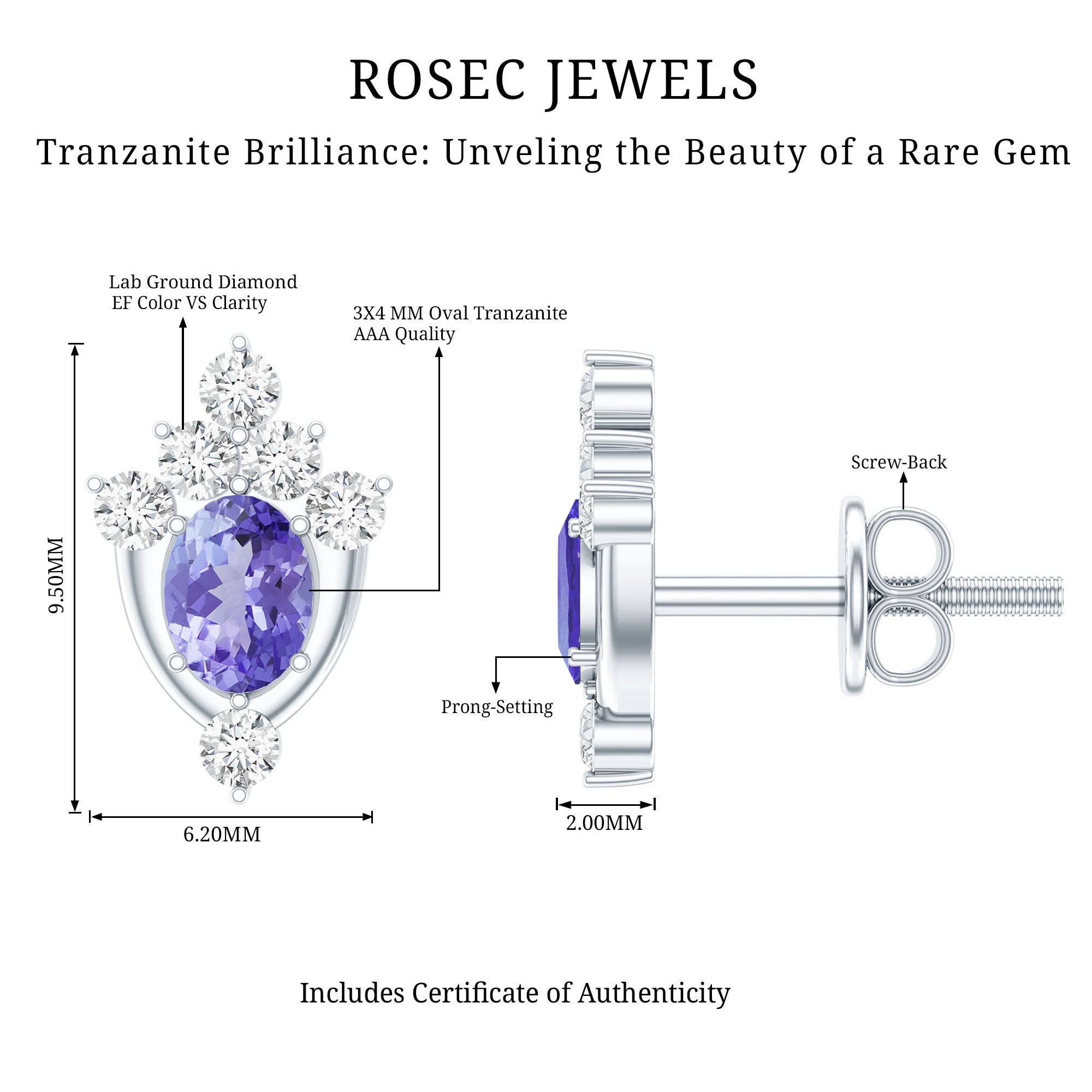 Oval Shaped Tanzanite Stud Earrings with Lab Diamond in Sterling Silver AAA 92.5 Sterling Silver - Rosec Jewels