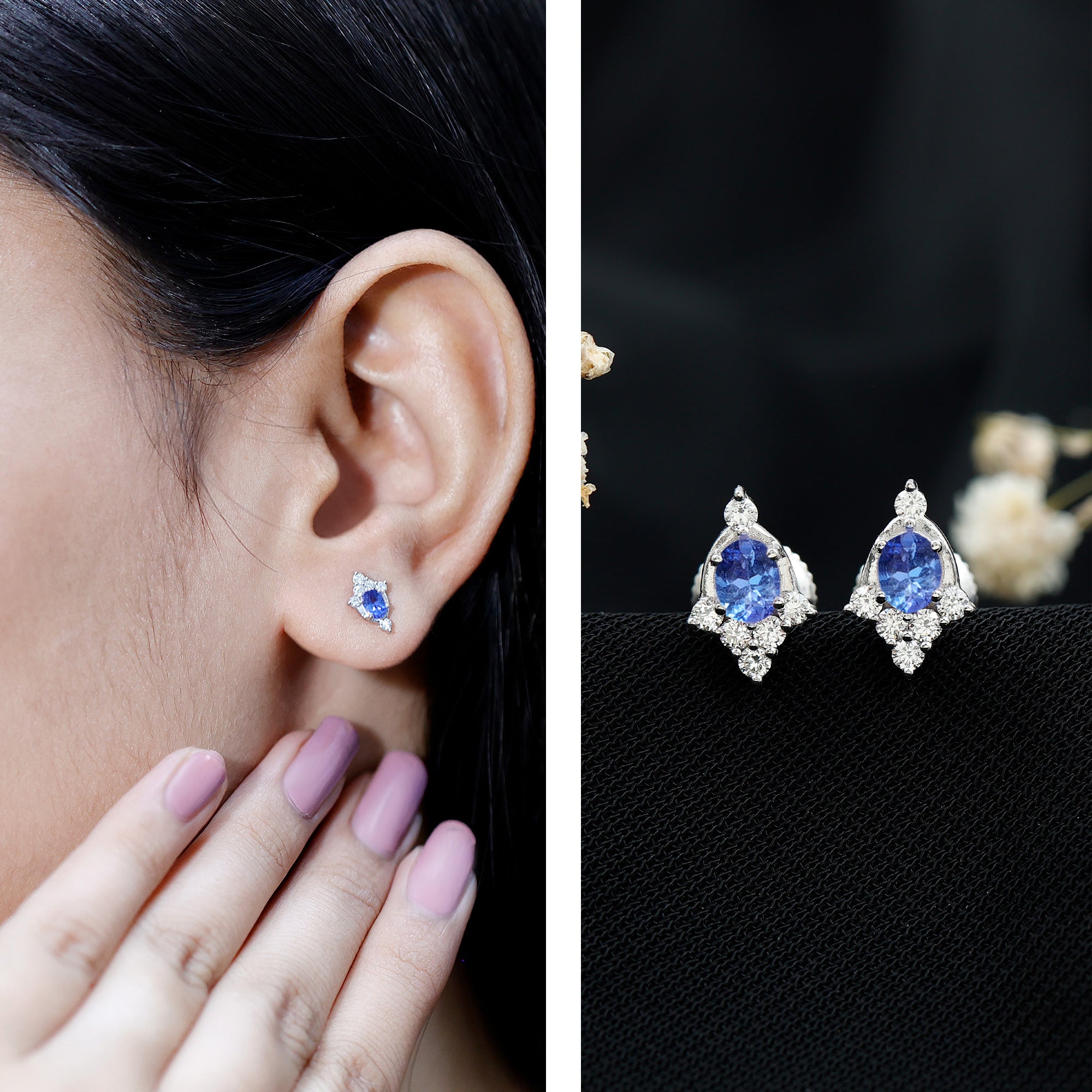 Oval Shaped Tanzanite Stud Earrings with Lab Diamond in Sterling Silver AAA 92.5 Sterling Silver - Rosec Jewels