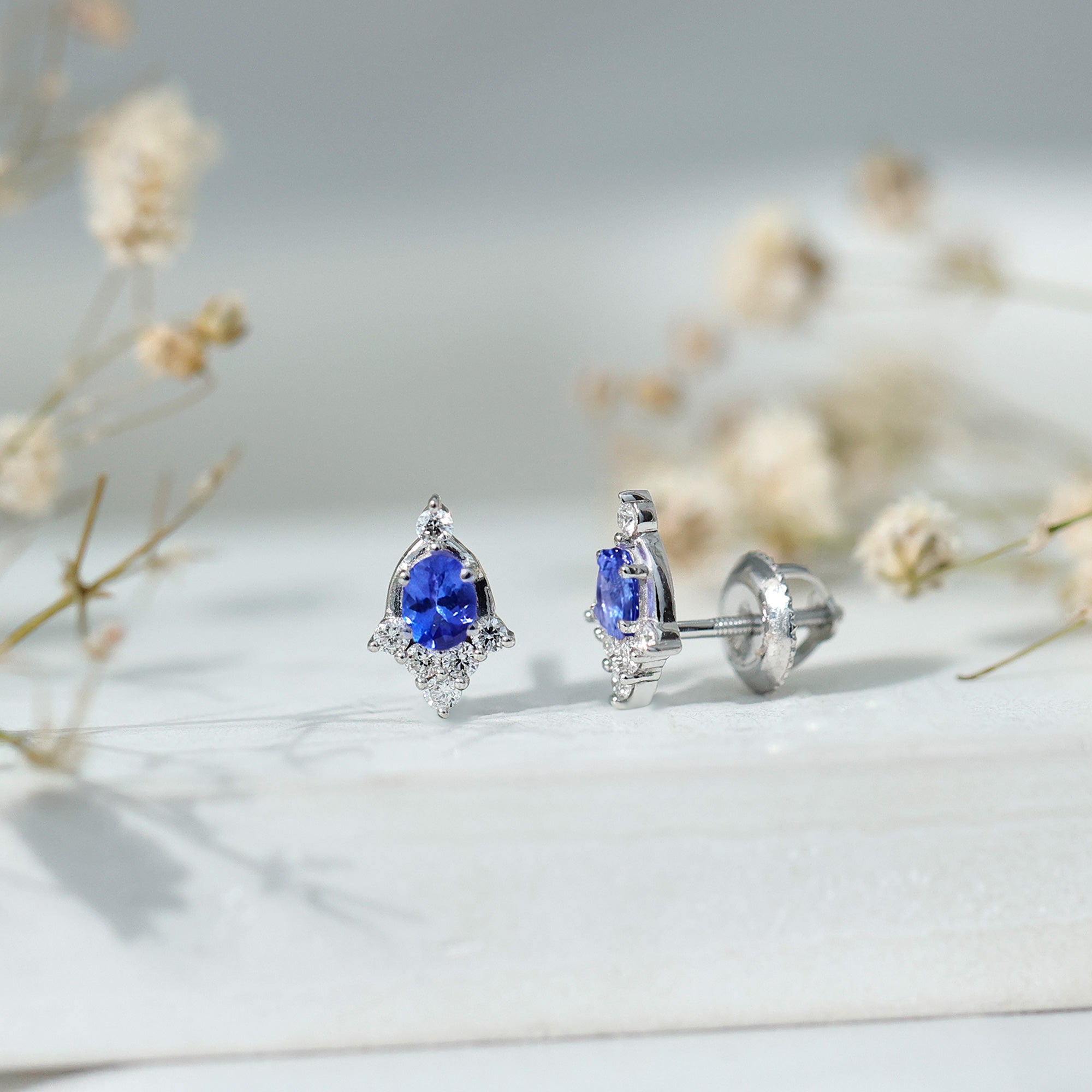 Oval Shaped Tanzanite Stud Earrings with Lab Diamond in Sterling Silver AAA 92.5 Sterling Silver - Rosec Jewels
