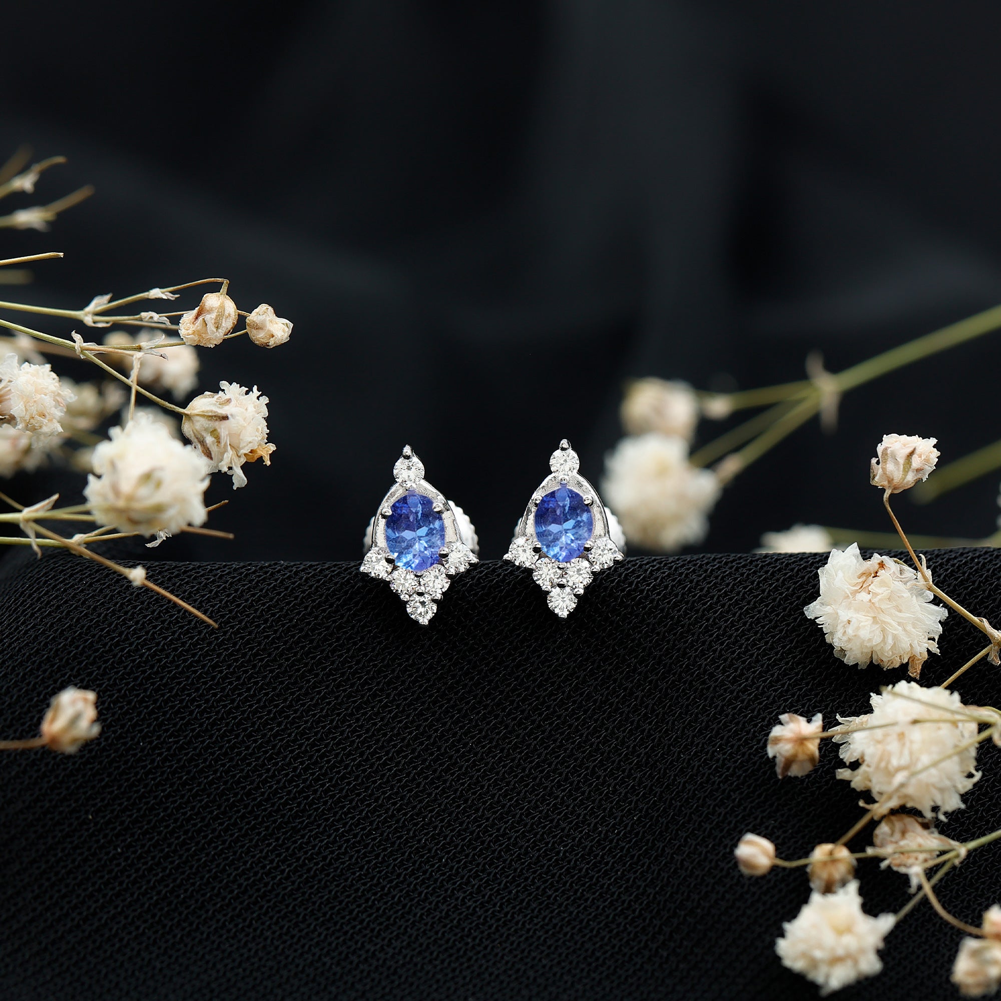 Oval Shaped Tanzanite Stud Earrings with Lab Diamond in Sterling Silver AAA 92.5 Sterling Silver - Rosec Jewels