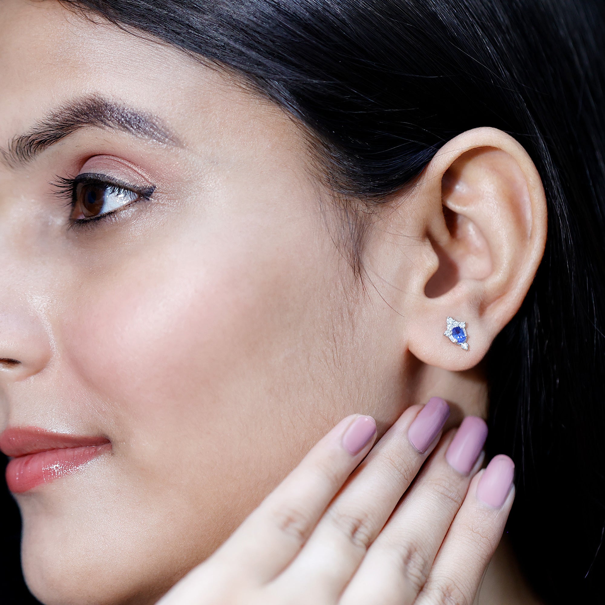Oval Shaped Tanzanite Stud Earrings with Lab Diamond in Sterling Silver AAA 92.5 Sterling Silver - Rosec Jewels