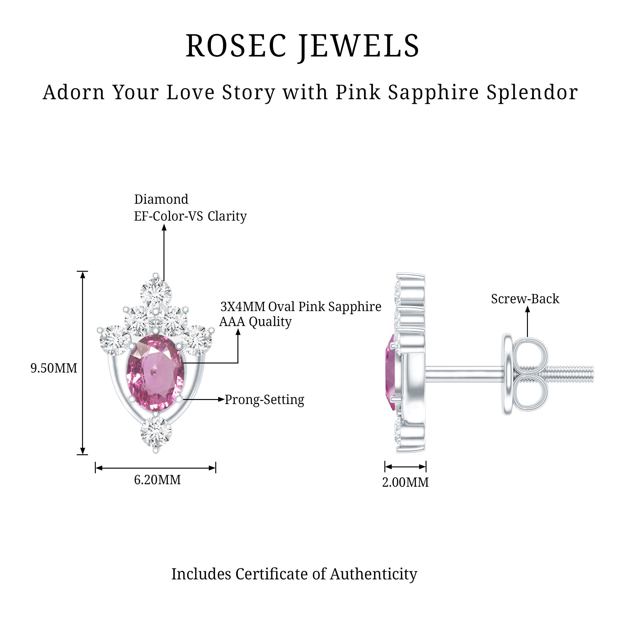 Sterling Silver Natural Pink Sapphire and Diamond Stud Earrings for Women AAA 92.5 Sterling Silver - Rosec Jewels