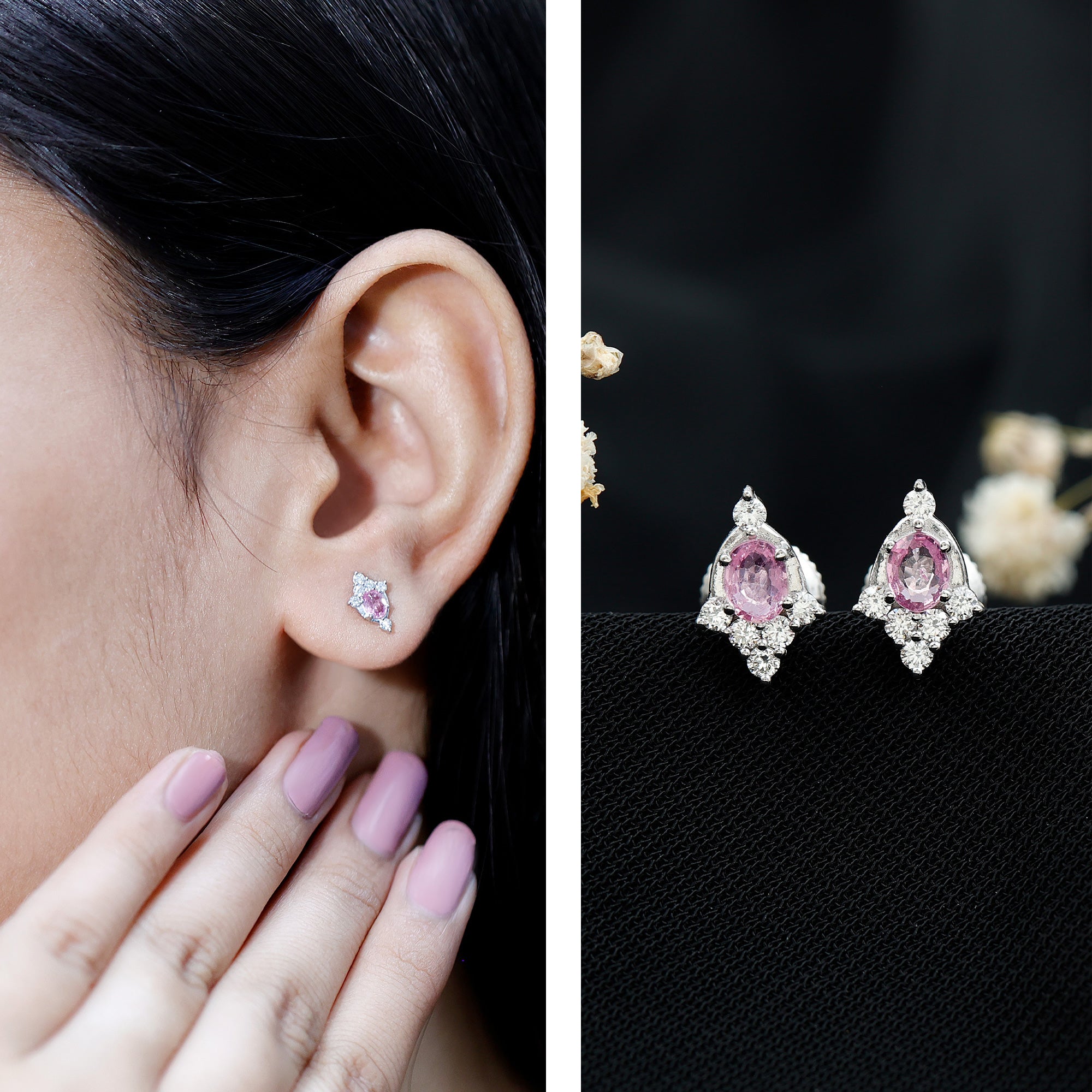 Sterling Silver Natural Pink Sapphire and Diamond Stud Earrings for Women AAA 92.5 Sterling Silver - Rosec Jewels