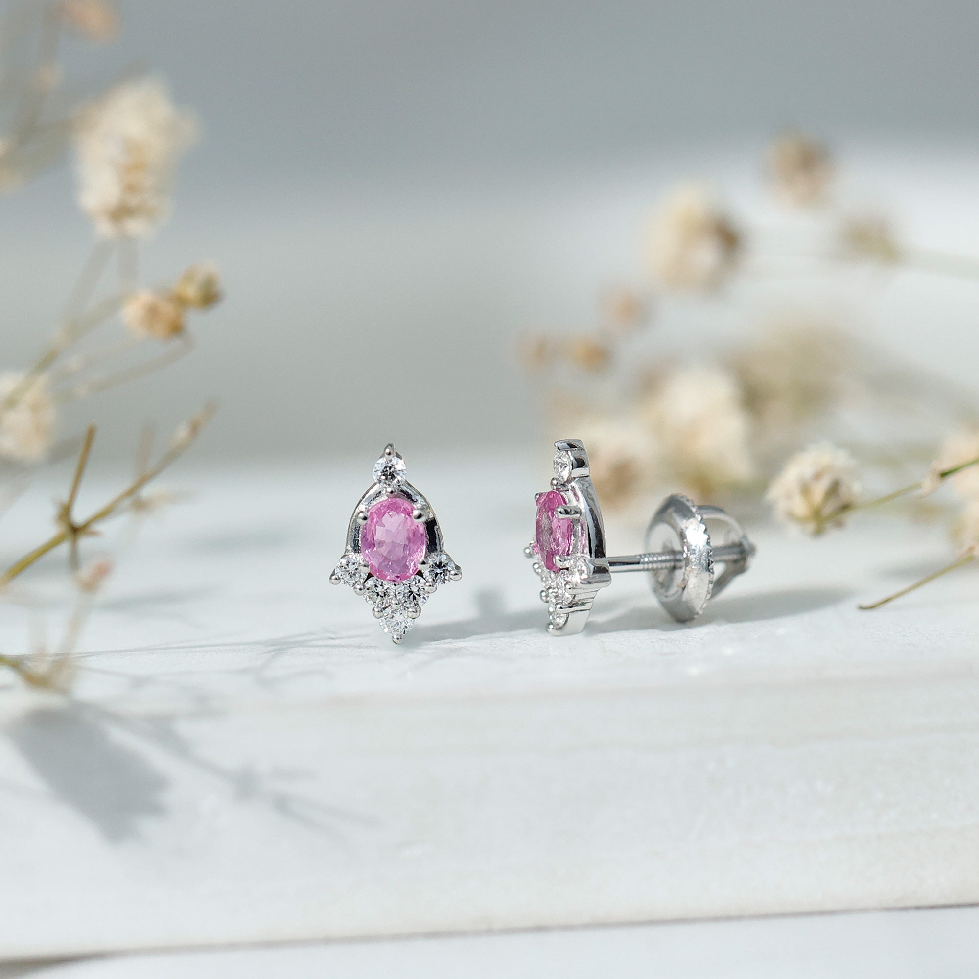 Sterling Silver Natural Pink Sapphire and Diamond Stud Earrings for Women AAA 92.5 Sterling Silver - Rosec Jewels