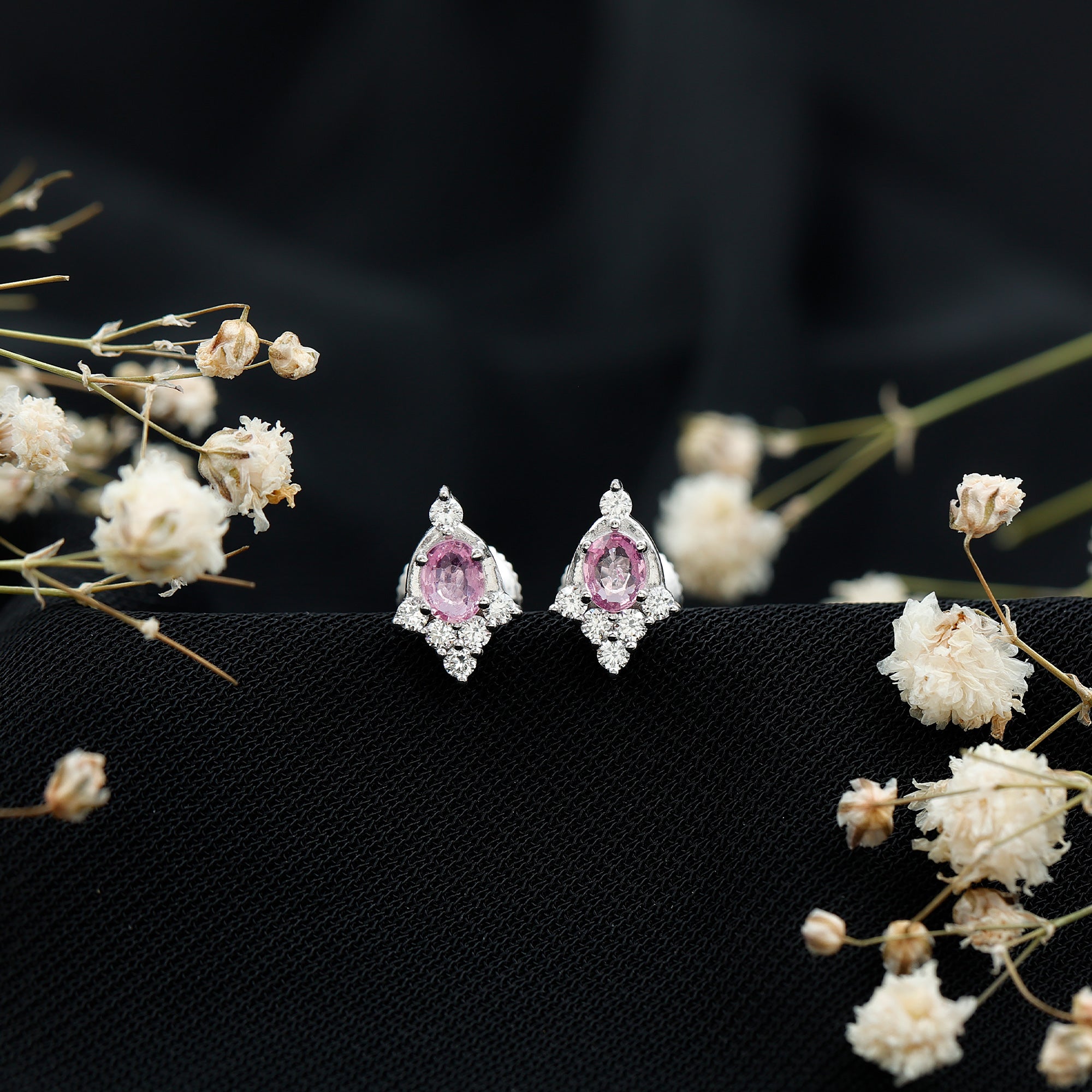 Sterling Silver Natural Pink Sapphire and Diamond Stud Earrings for Women AAA 92.5 Sterling Silver - Rosec Jewels