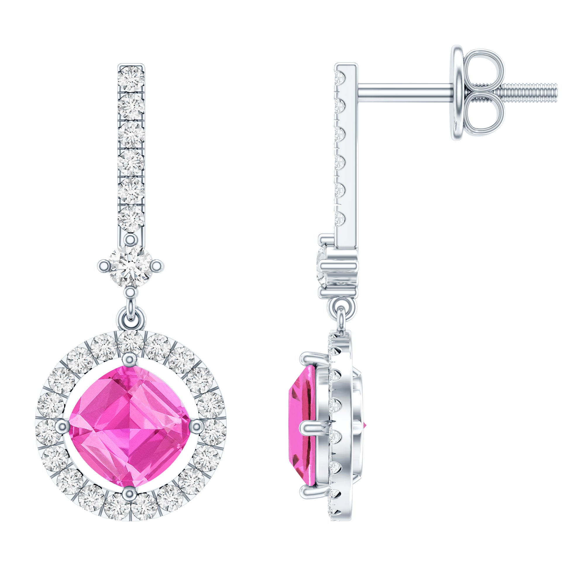 Lab Grown Pink Sapphire and Diamond Bridal Earrings in Silver AAAA 92.5 Sterling Silver - Rosec Jewels
