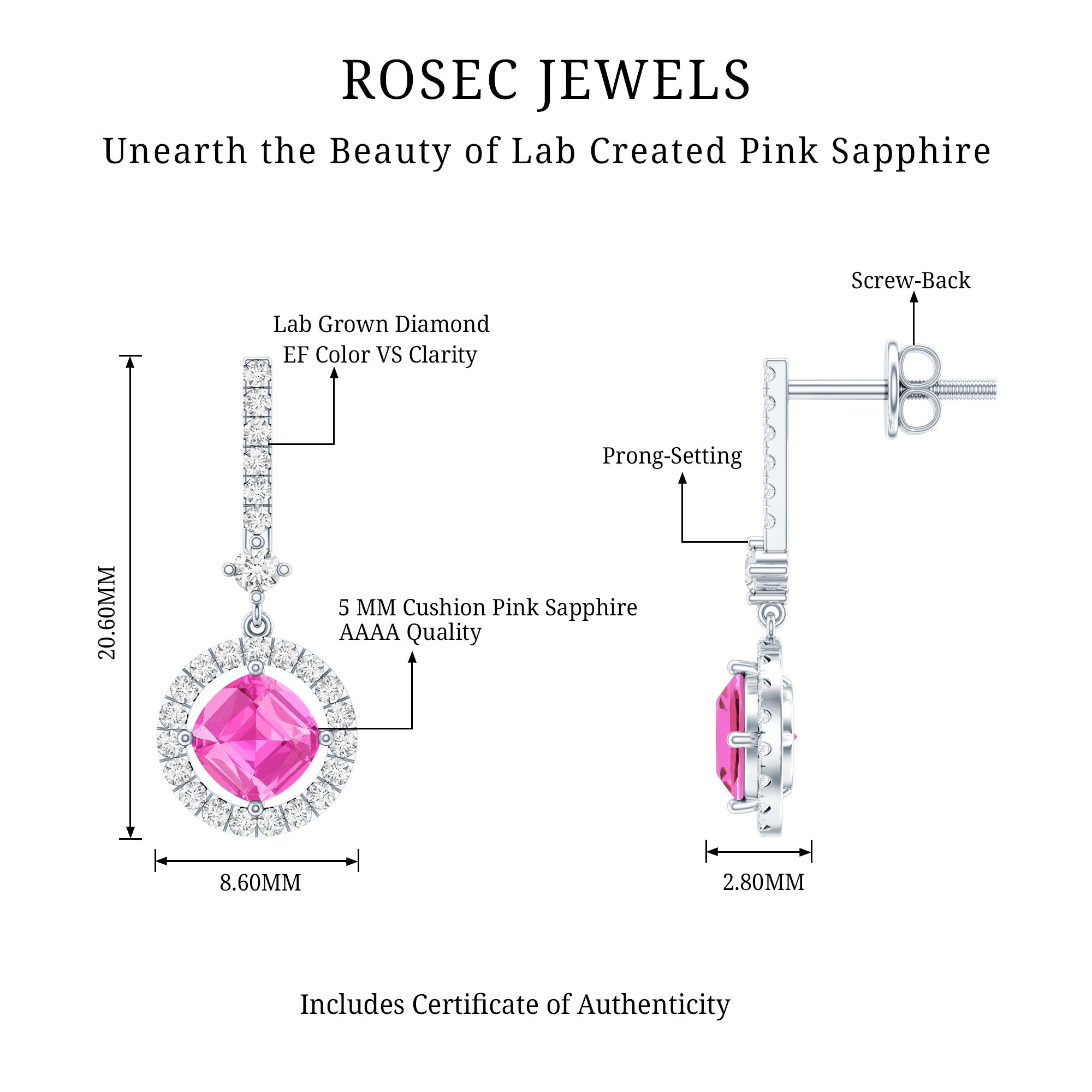 Lab Grown Pink Sapphire and Diamond Bridal Earrings in Silver AAAA 92.5 Sterling Silver - Rosec Jewels