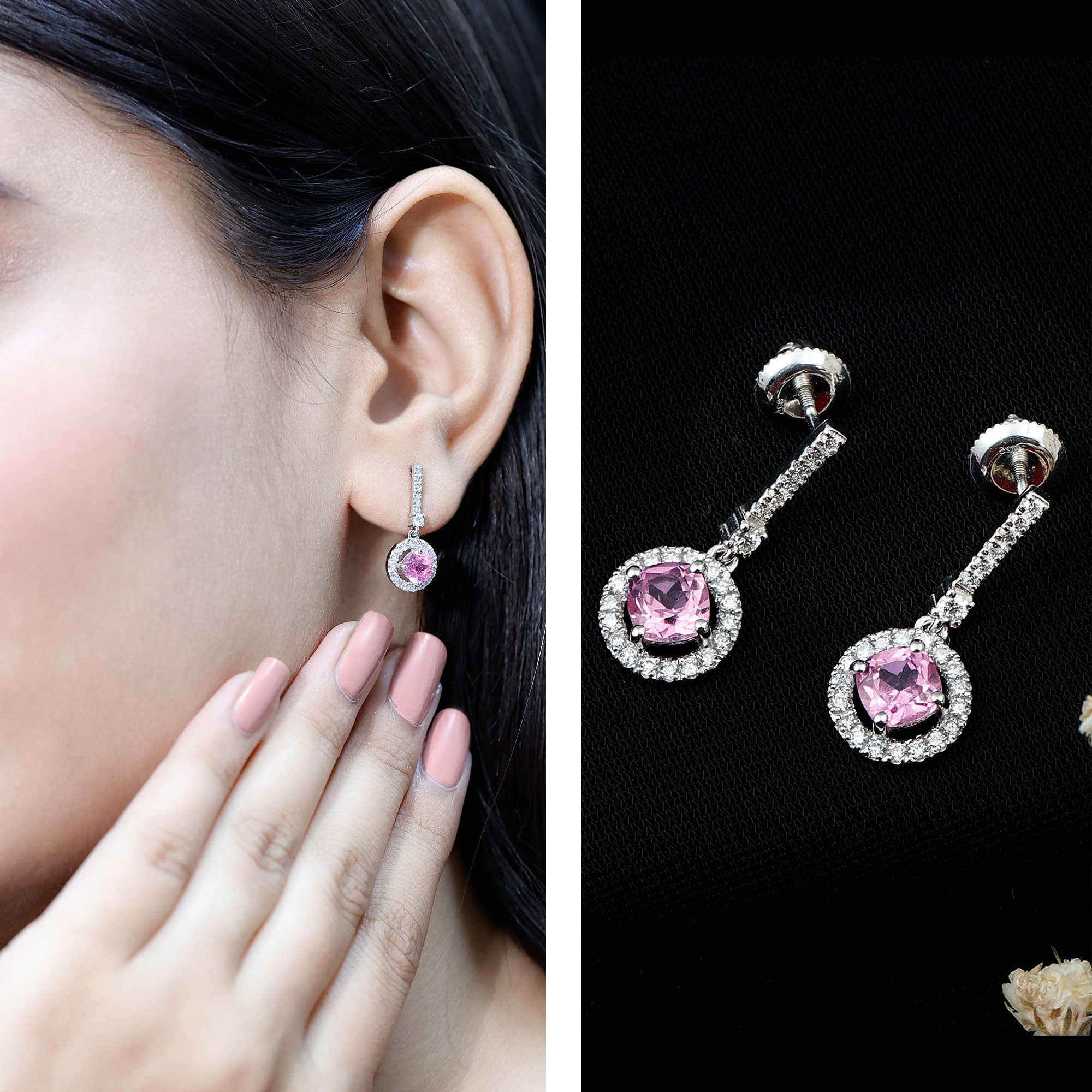 Lab Grown Pink Sapphire and Diamond Bridal Earrings in Silver AAAA 92.5 Sterling Silver - Rosec Jewels