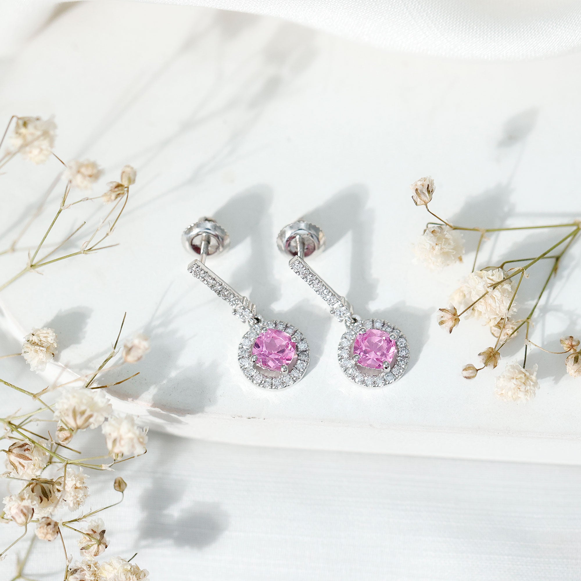 Lab Grown Pink Sapphire and Diamond Bridal Earrings in Silver AAAA 92.5 Sterling Silver - Rosec Jewels