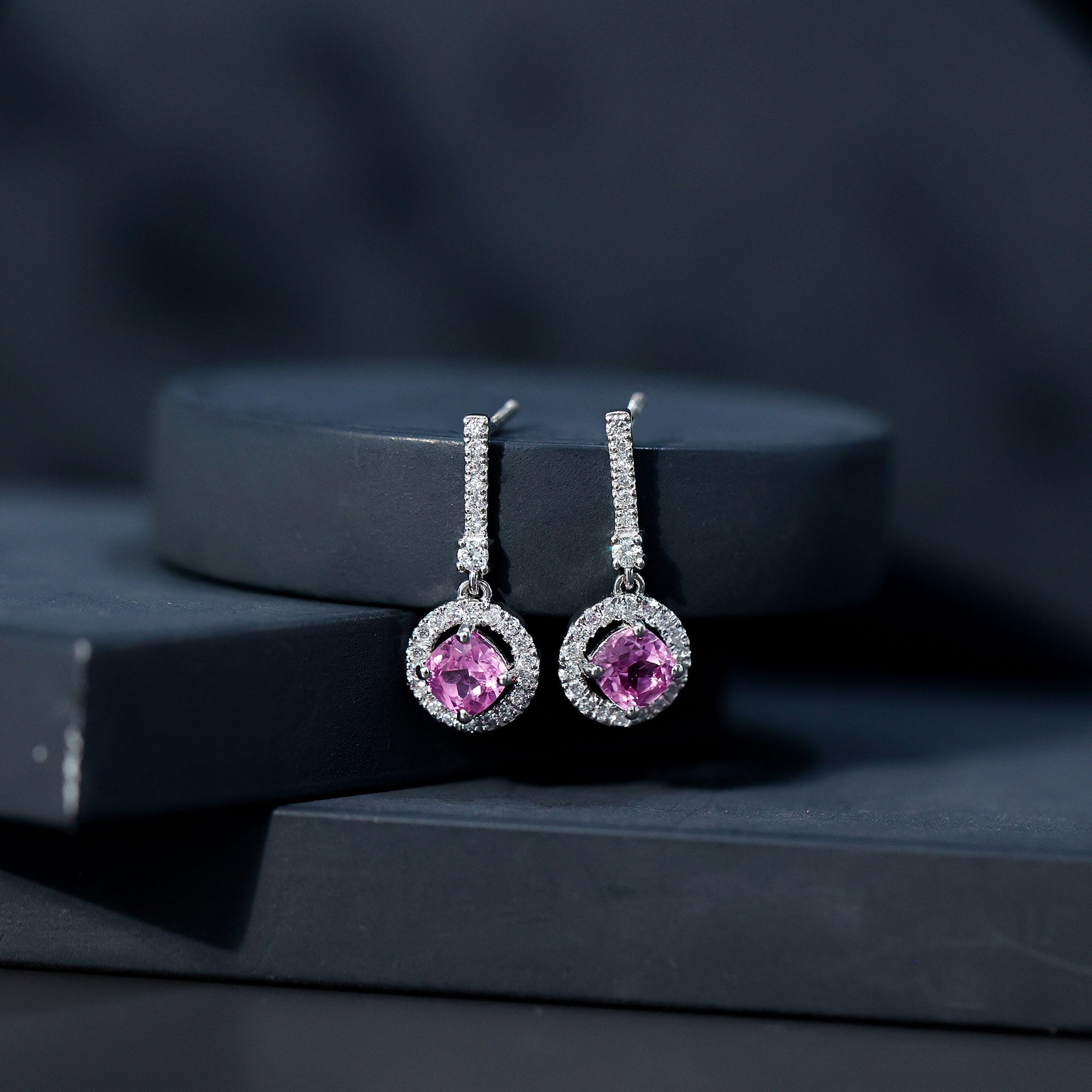Lab Grown Pink Sapphire and Diamond Bridal Earrings in Silver AAAA 92.5 Sterling Silver - Rosec Jewels