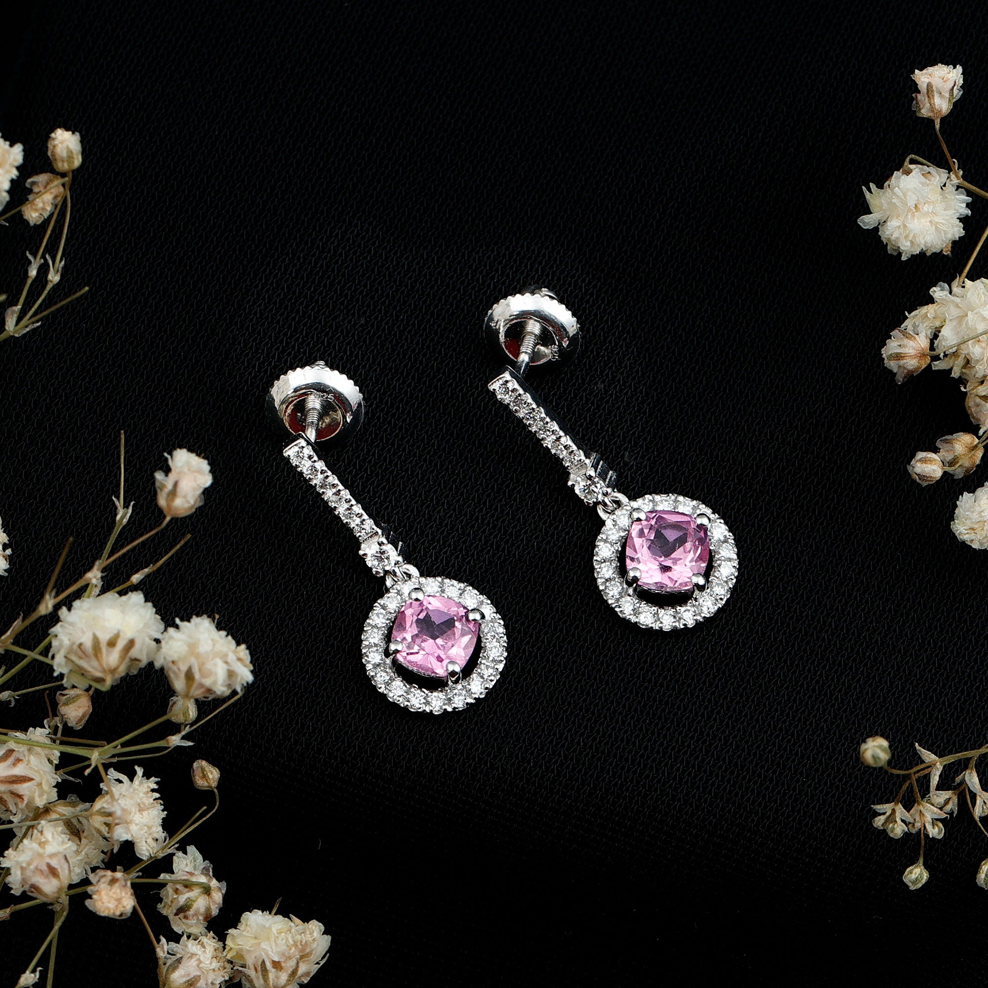 Lab Grown Pink Sapphire and Diamond Bridal Earrings in Silver AAAA 92.5 Sterling Silver - Rosec Jewels