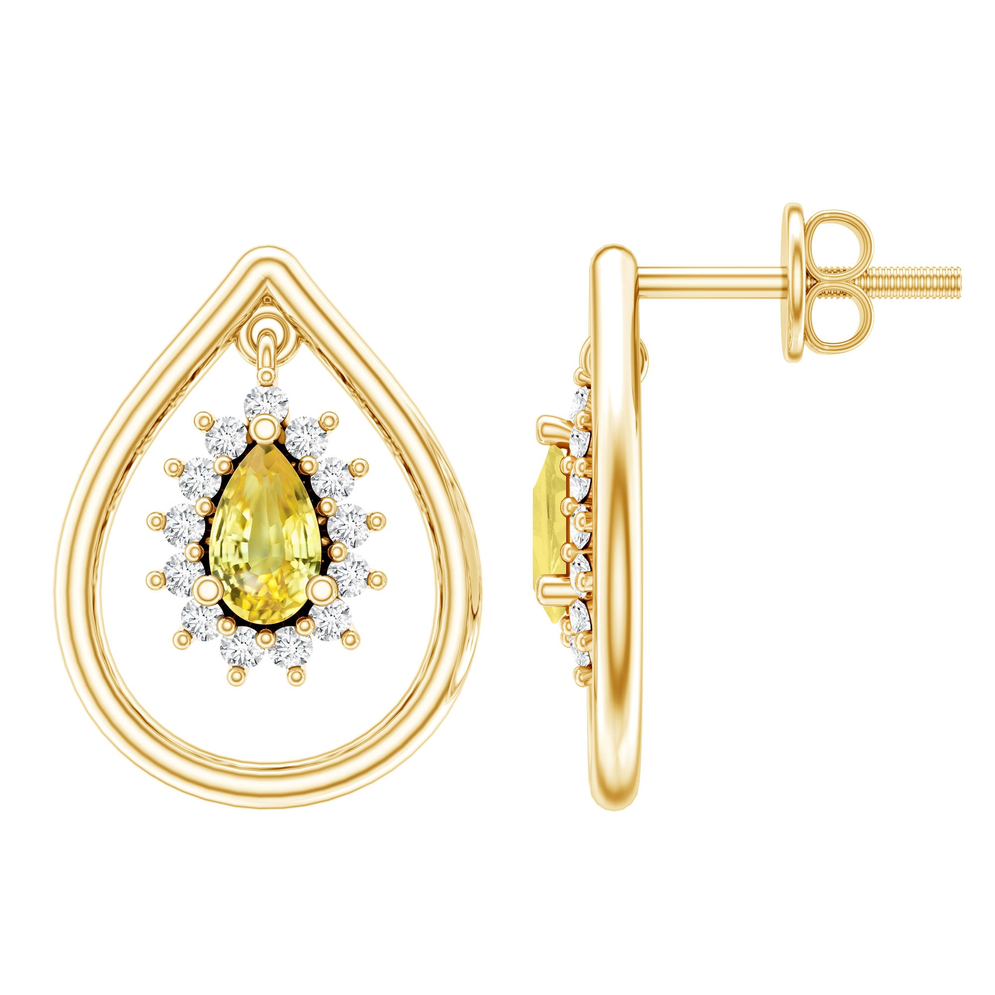 Certified 0.6 Carat Lab Grown Yellow Sapphire Teardrop Earrings with Diamond AAAA 14K Yellow Gold Plated Silver - Rosec Jewels