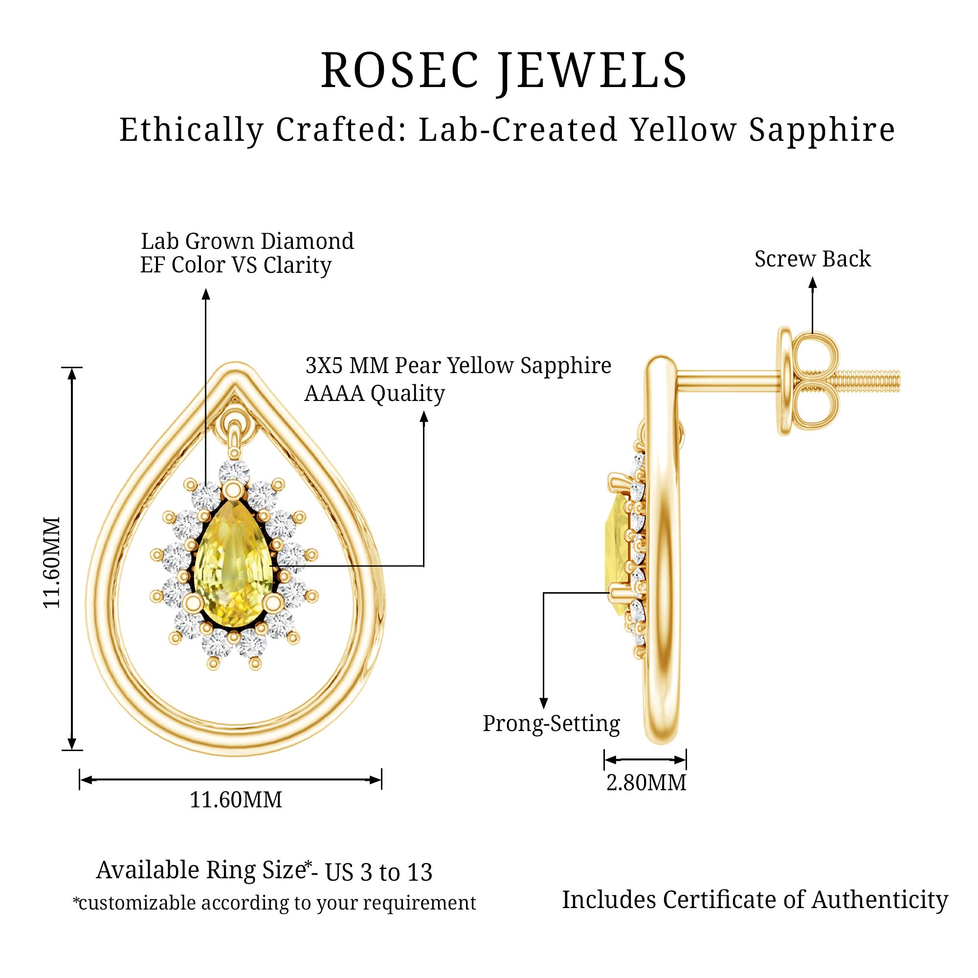 Certified 0.6 Carat Lab Grown Yellow Sapphire Teardrop Earrings with Diamond AAAA 14K Yellow Gold Plated Silver - Rosec Jewels