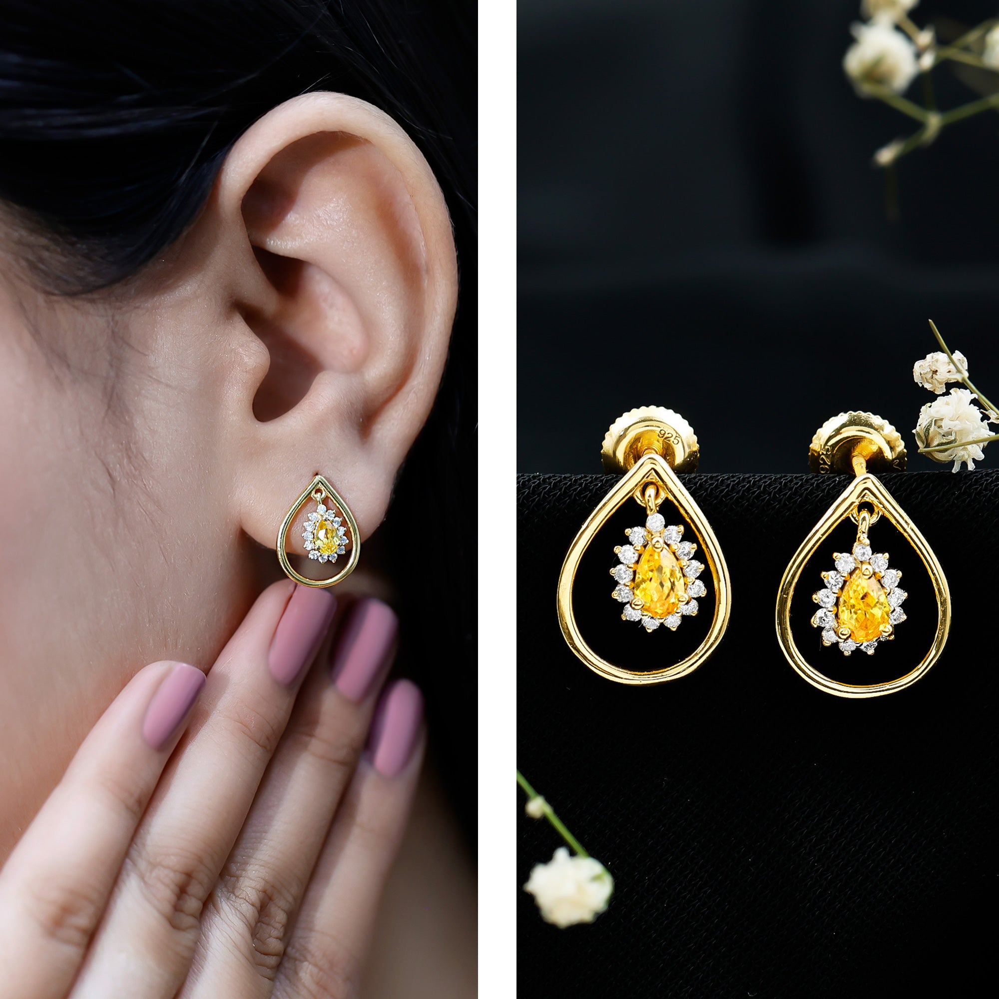 Certified 0.6 Carat Lab Grown Yellow Sapphire Teardrop Earrings with Diamond AAAA 14K Yellow Gold Plated Silver - Rosec Jewels