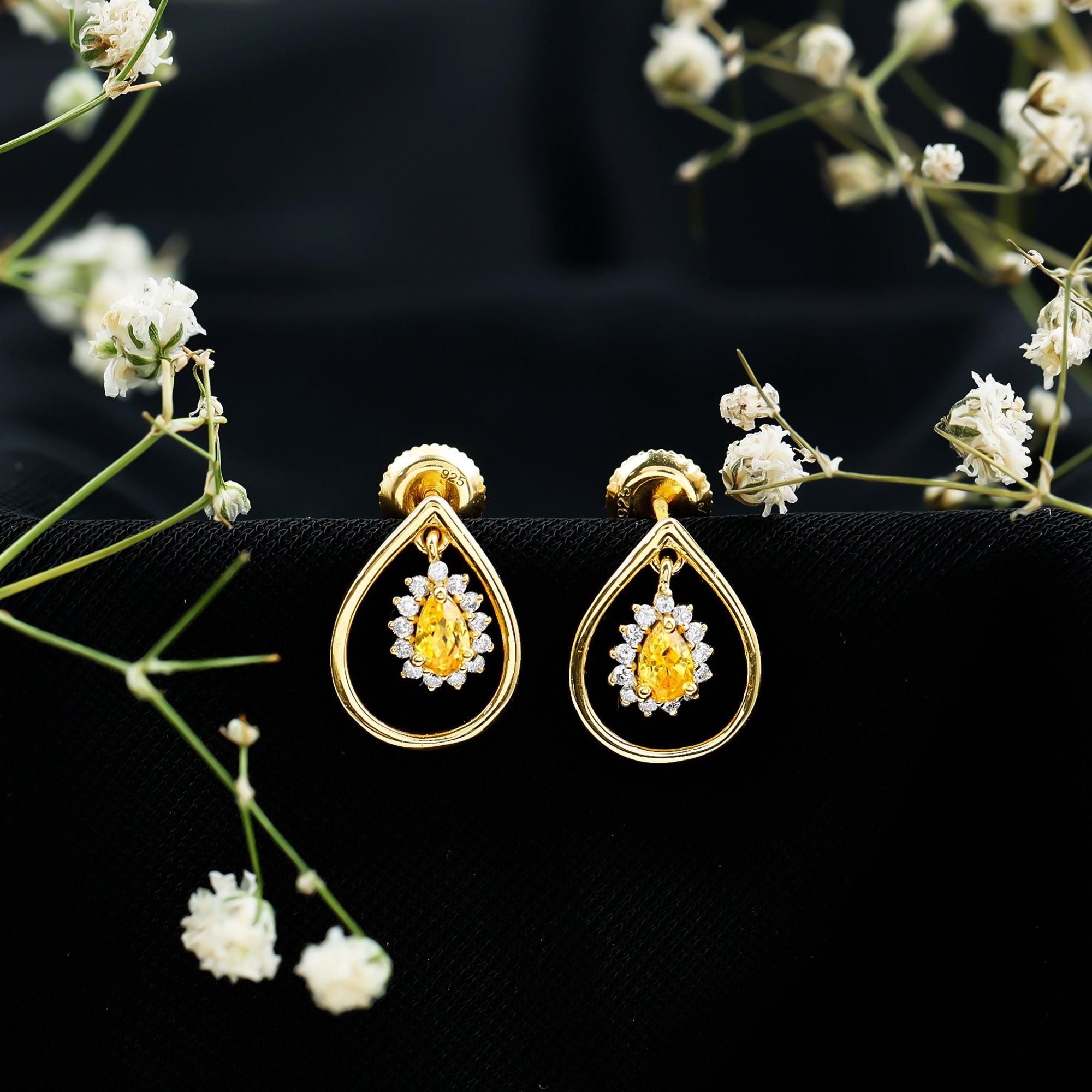 Certified 0.6 Carat Lab Grown Yellow Sapphire Teardrop Earrings with Diamond AAAA 14K Yellow Gold Plated Silver - Rosec Jewels
