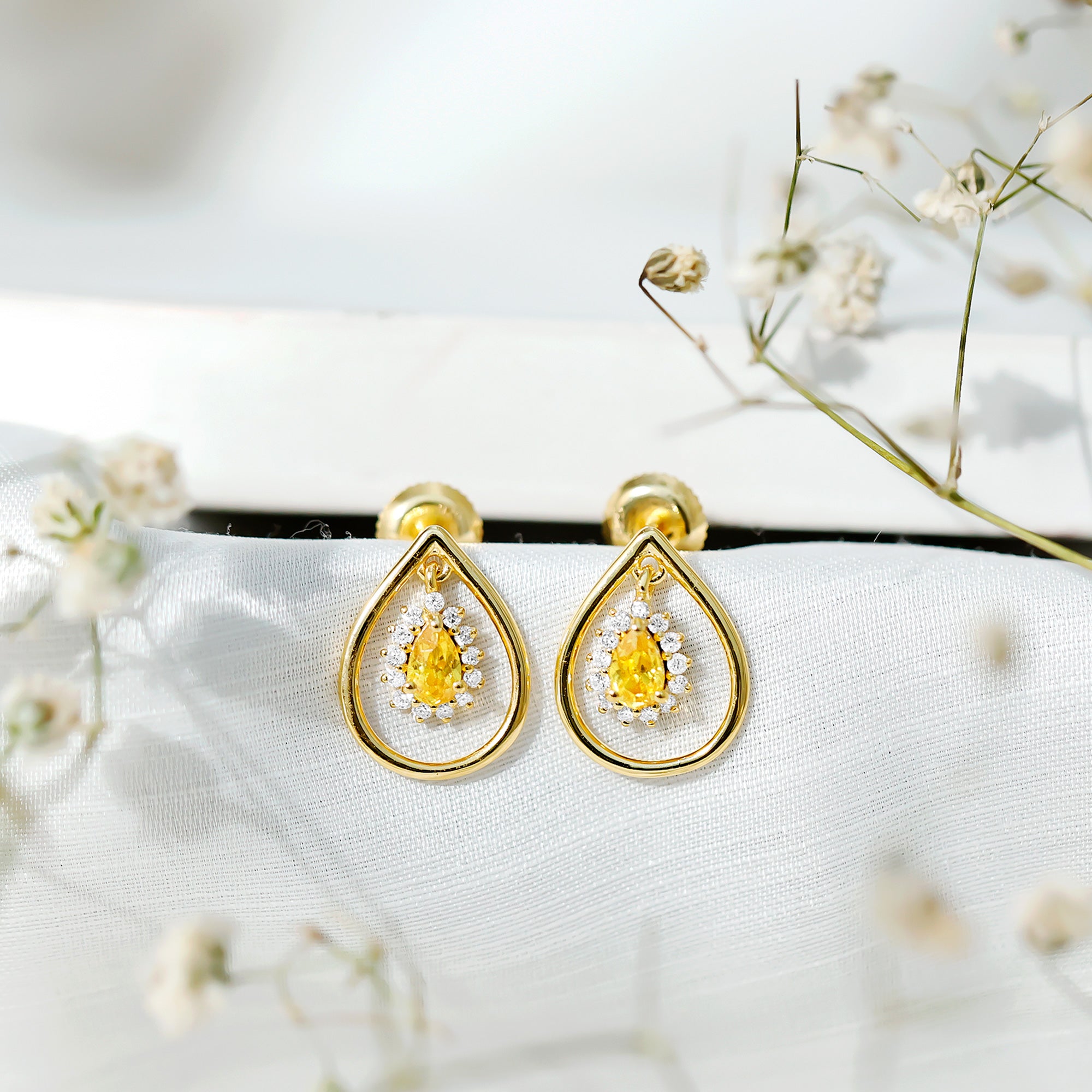 Certified 0.6 Carat Lab Grown Yellow Sapphire Teardrop Earrings with Diamond AAAA 14K Yellow Gold Plated Silver - Rosec Jewels