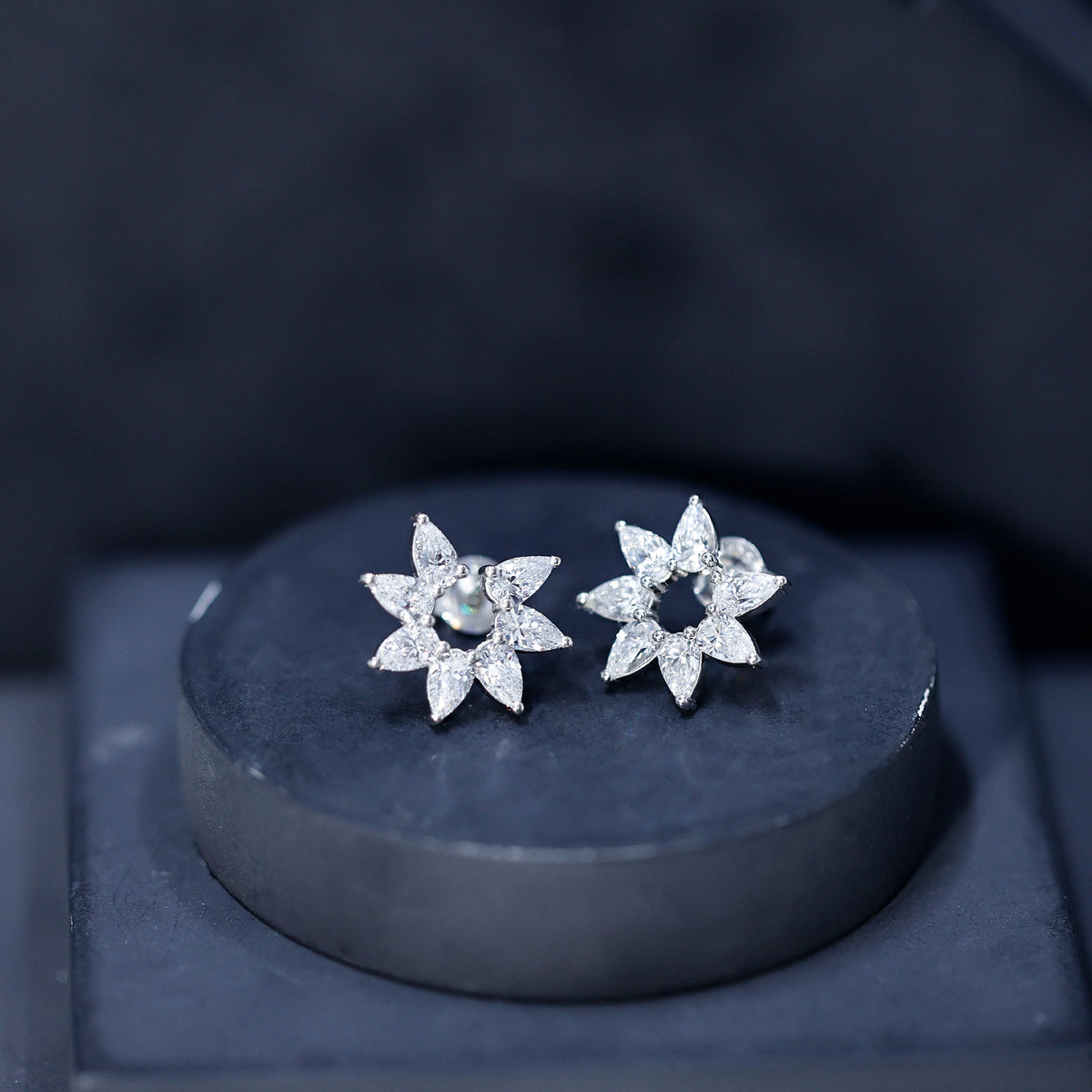Rosec Jewels-Pear Cut Lab Grown Diamond Flower Stud Earrings with Screw Back