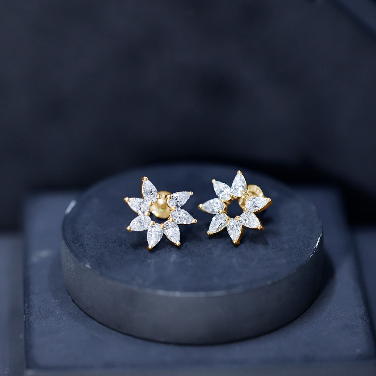 Rosec Jewels-Pear Cut Lab Grown Diamond Flower Stud Earrings with Screw Back