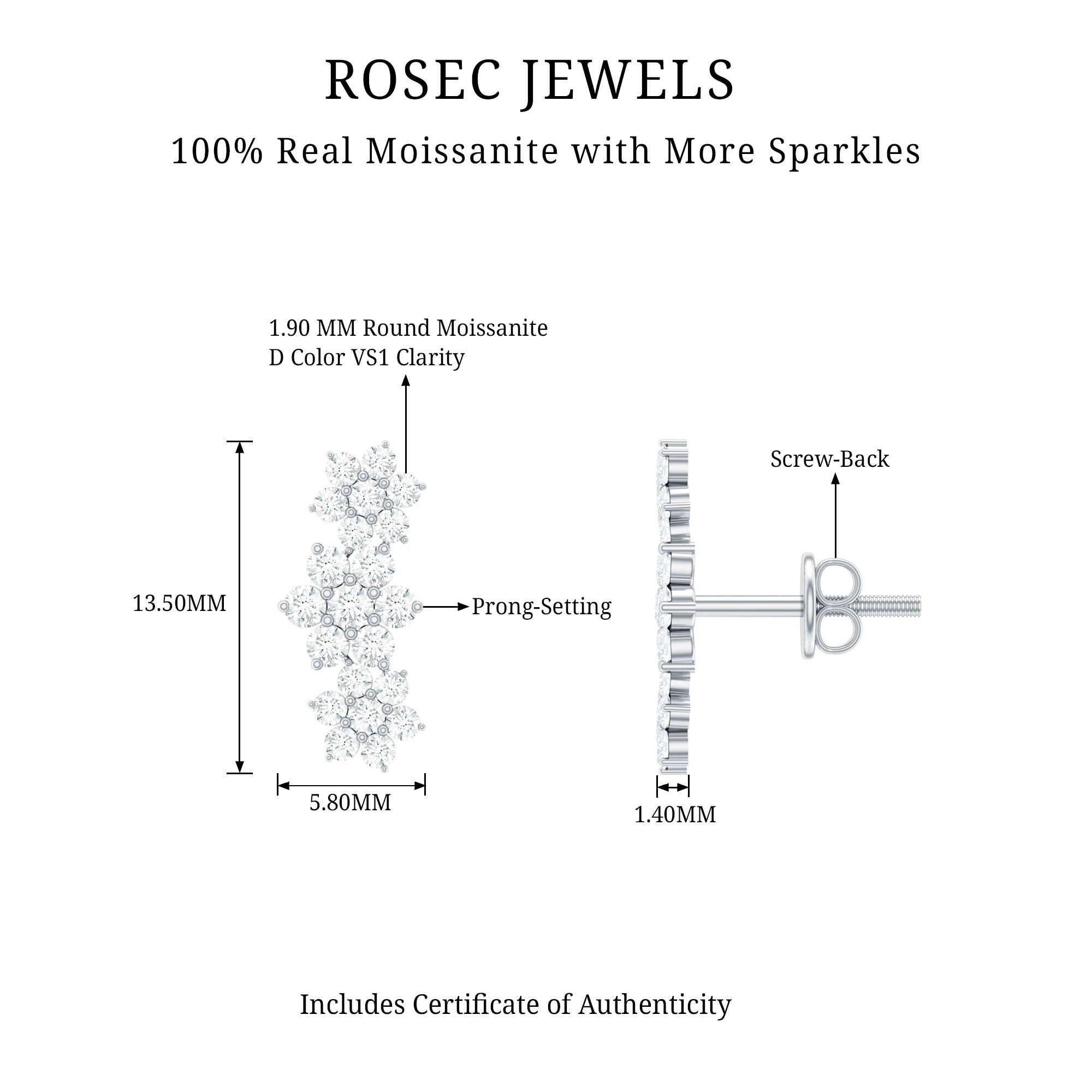 Certified Moissanite Flower Stud Earrings for Women D-VS1 - Rosec Jewels