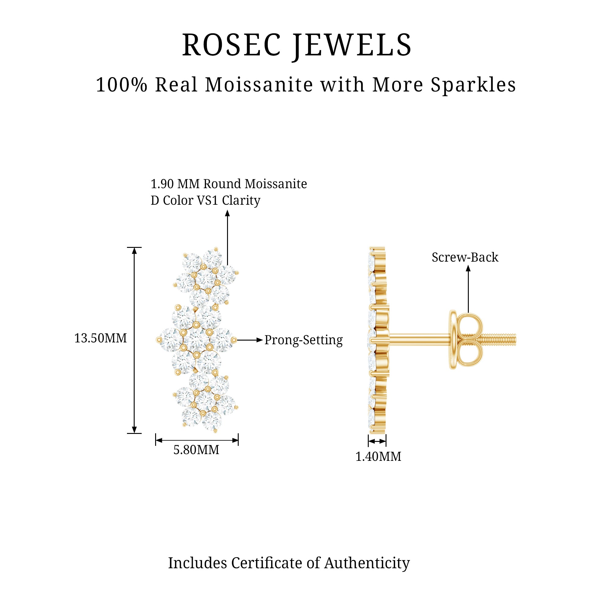 Certified Moissanite Flower Stud Earrings for Women D-VS1 - Rosec Jewels