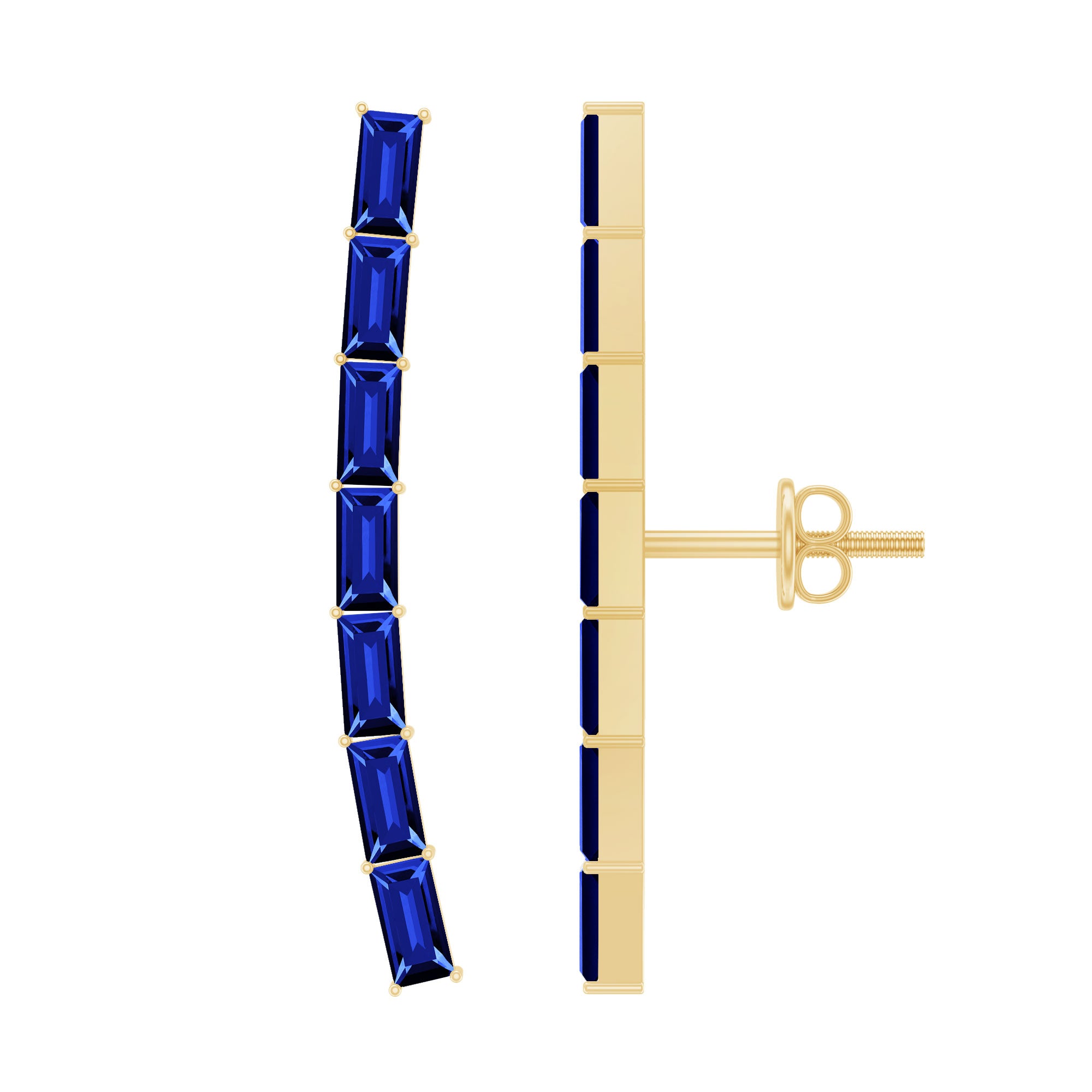 Baguette Cut Lab Grown Blue Sapphire Climber Earrings AAAA - Rosec Jewels