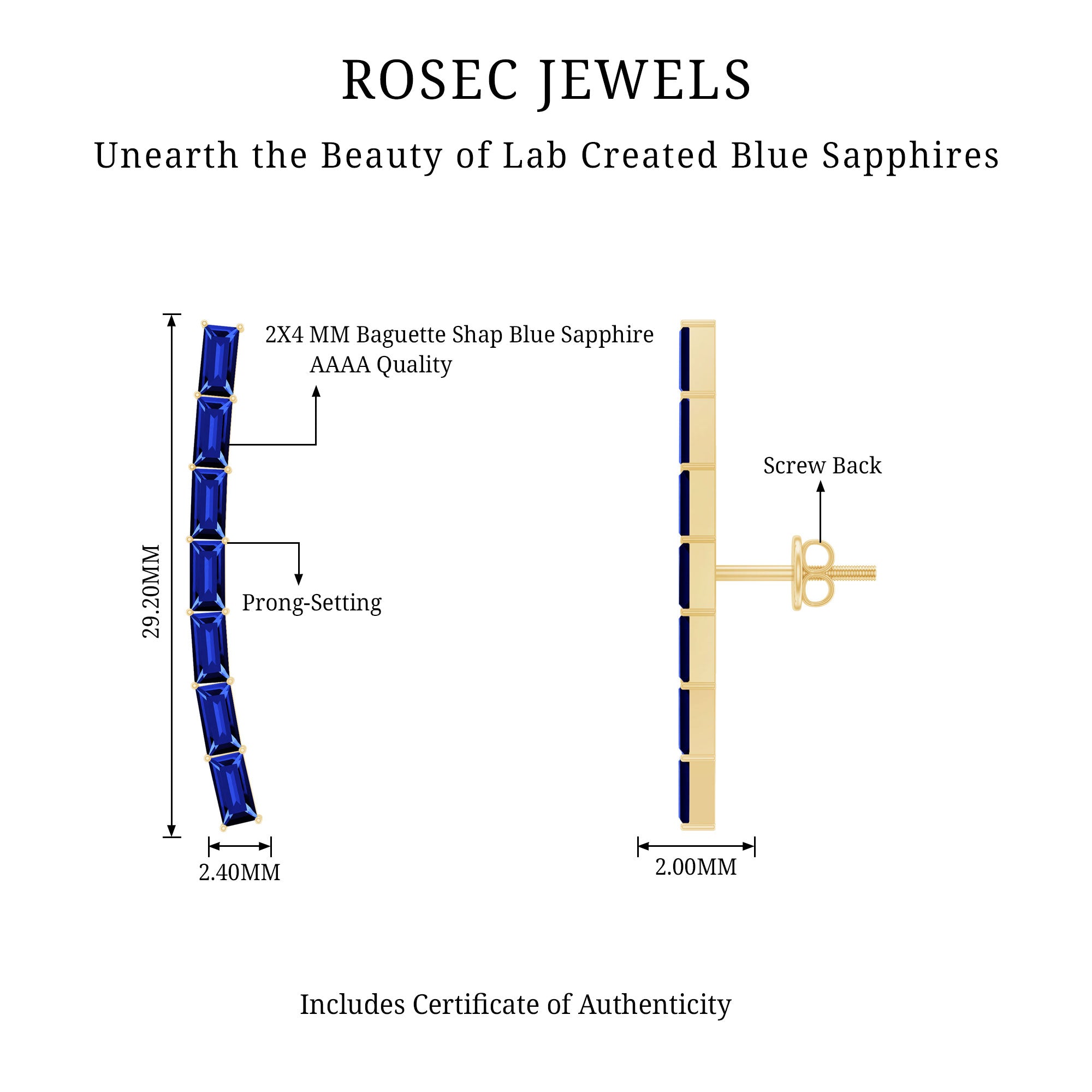 Baguette Cut Lab Grown Blue Sapphire Climber Earrings AAAA - Rosec Jewels