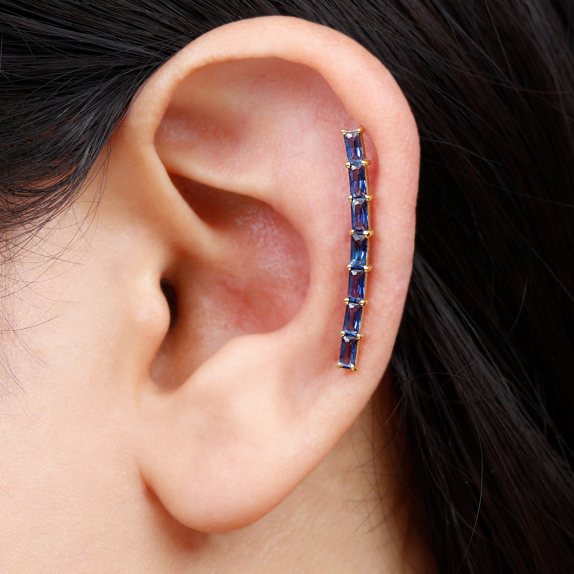 Baguette Cut Lab Grown Blue Sapphire Climber Earrings AAAA - Rosec Jewels