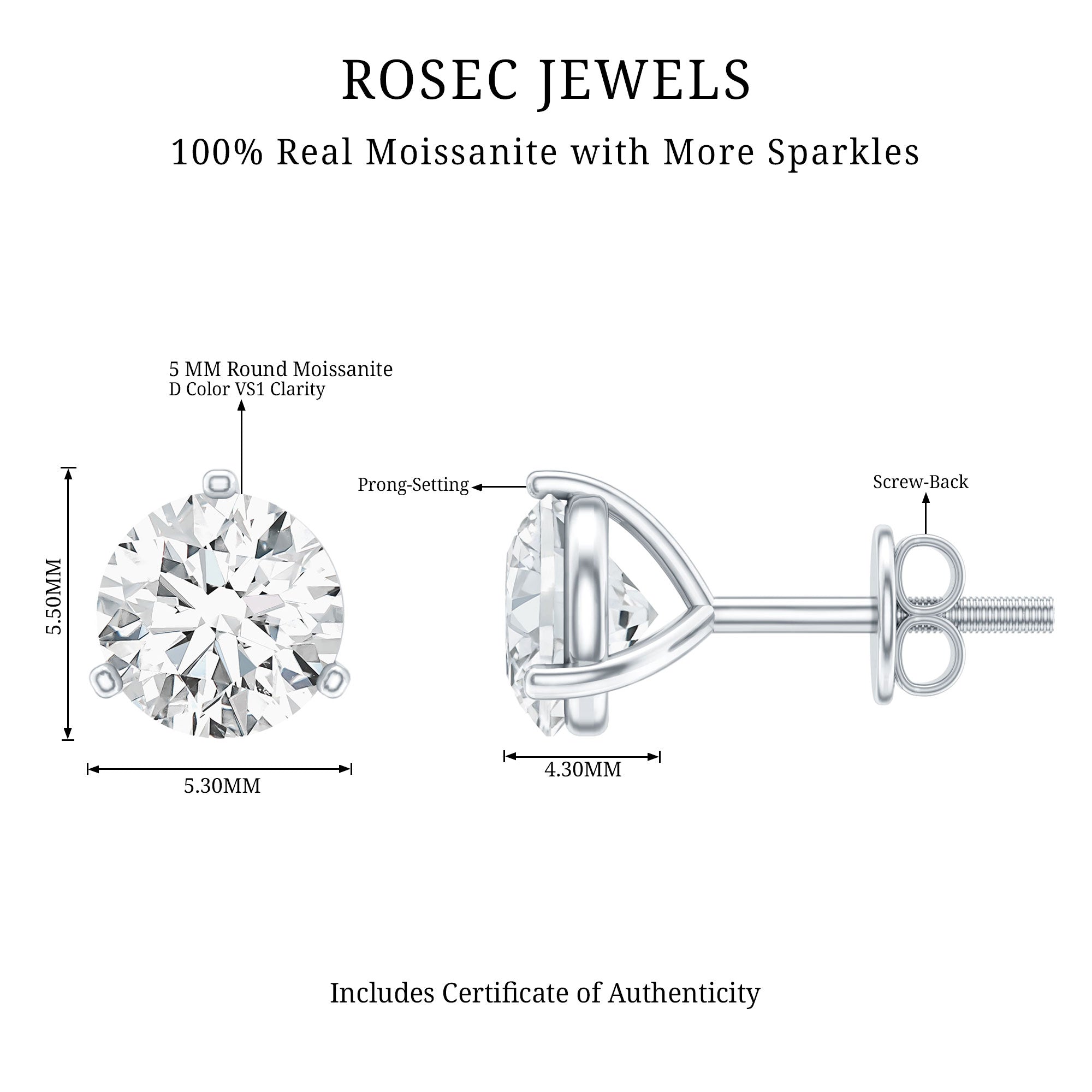 1 Carat Certified Moissanite Martini Stud Earrings D-VS1 - Rosec Jewels