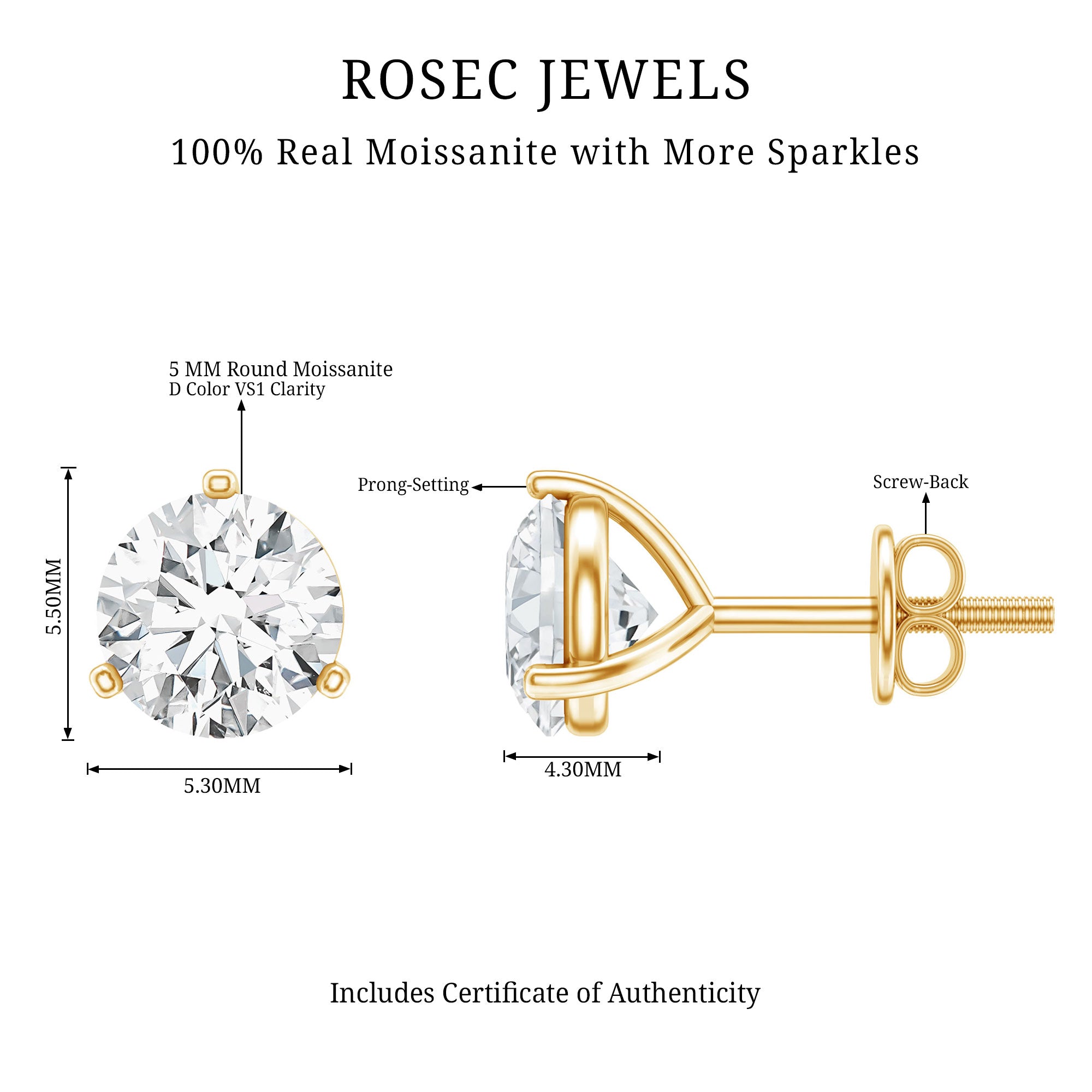 1 Carat Certified Moissanite Martini Stud Earrings D-VS1 - Rosec Jewels