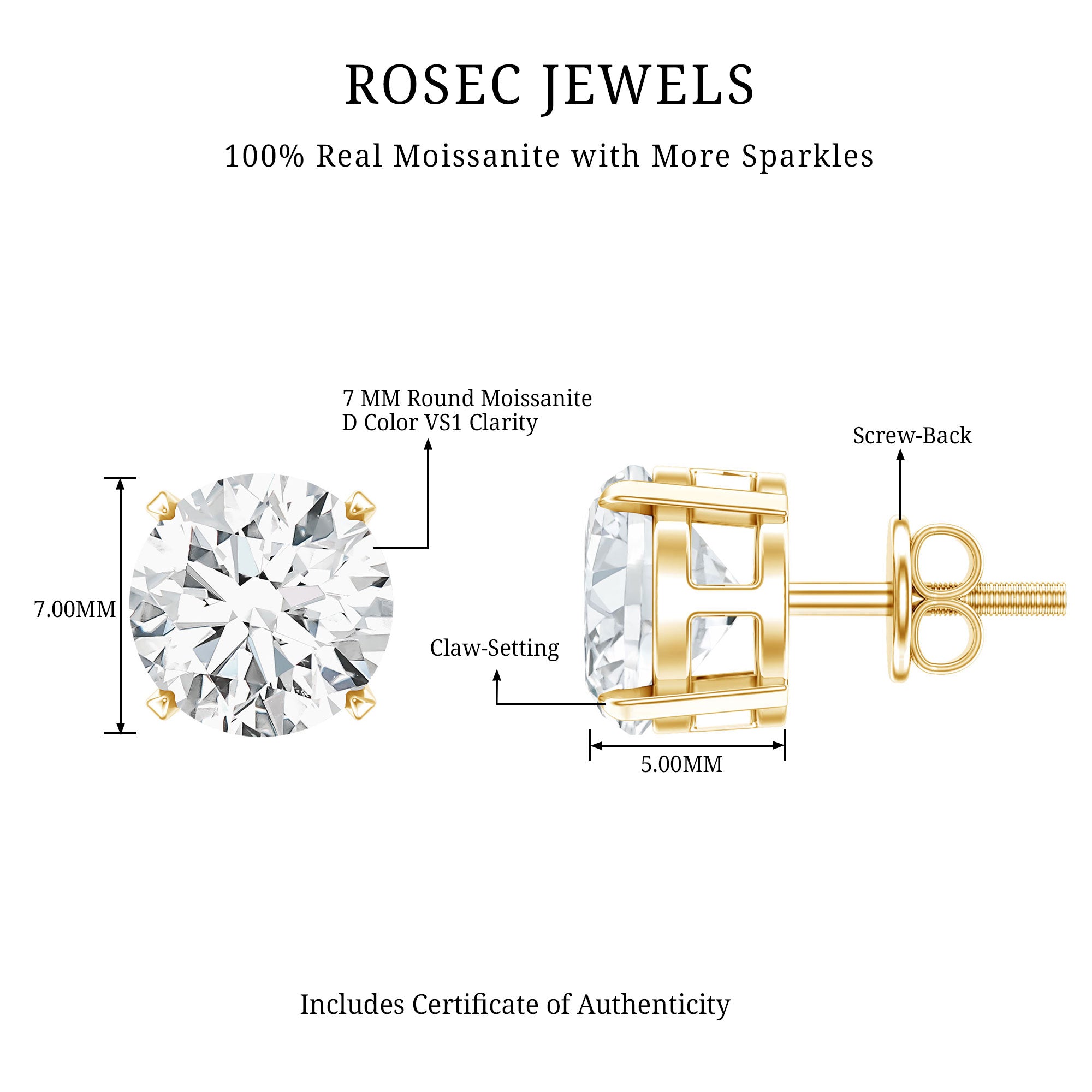 2.5 Carat Round Moissanite Studs in Claw Setting D-VS1 - Rosec Jewels