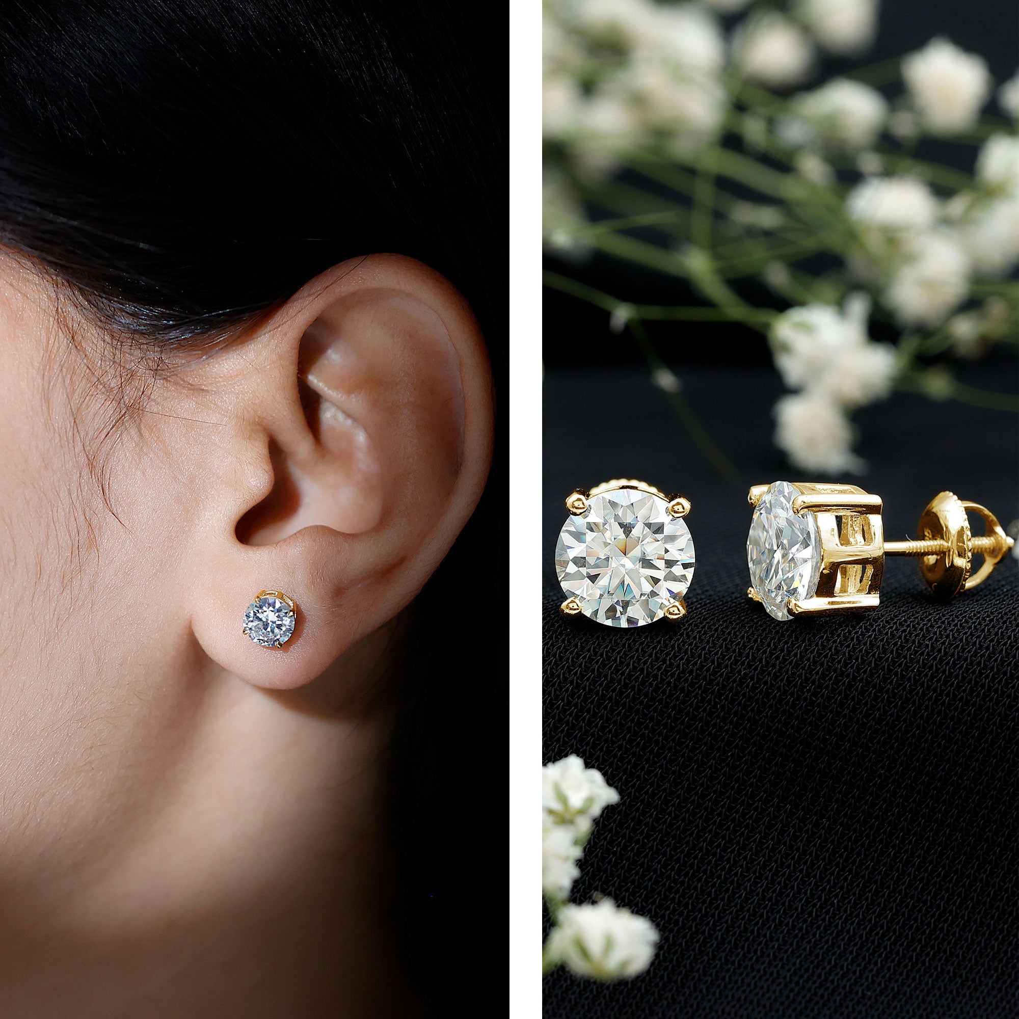 2.5 Carat Round Moissanite Studs in Claw Setting D-VS1 - Rosec Jewels