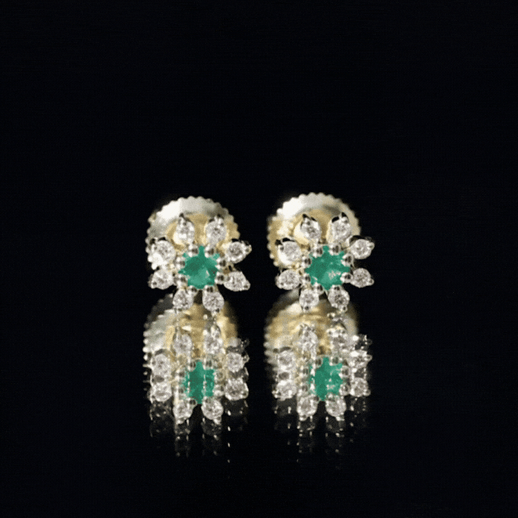 Natural Emerald and Diamond Floral Stud Earrings AAA - Rosec Jewels