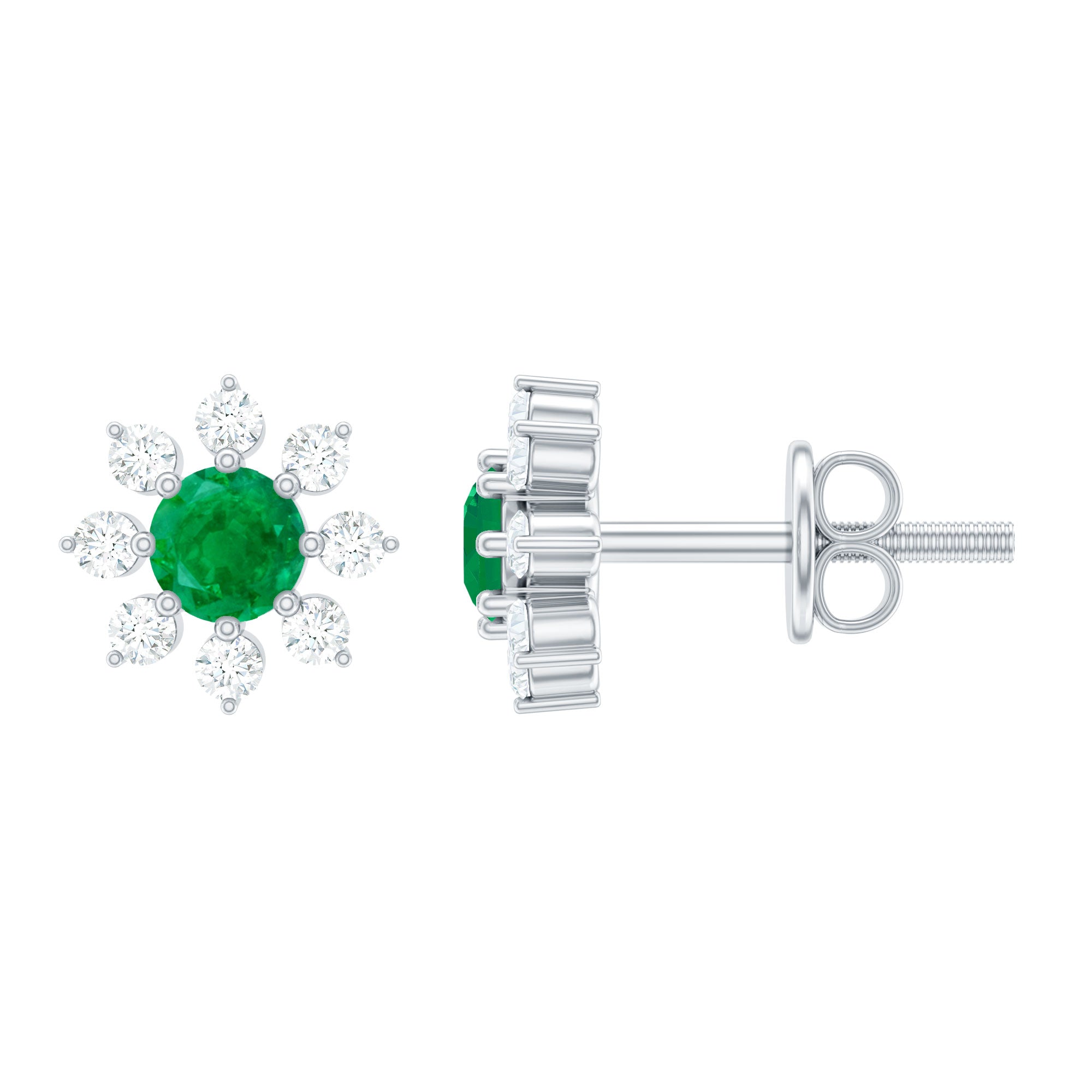 Natural Emerald and Diamond Floral Stud Earrings AAA - Rosec Jewels
