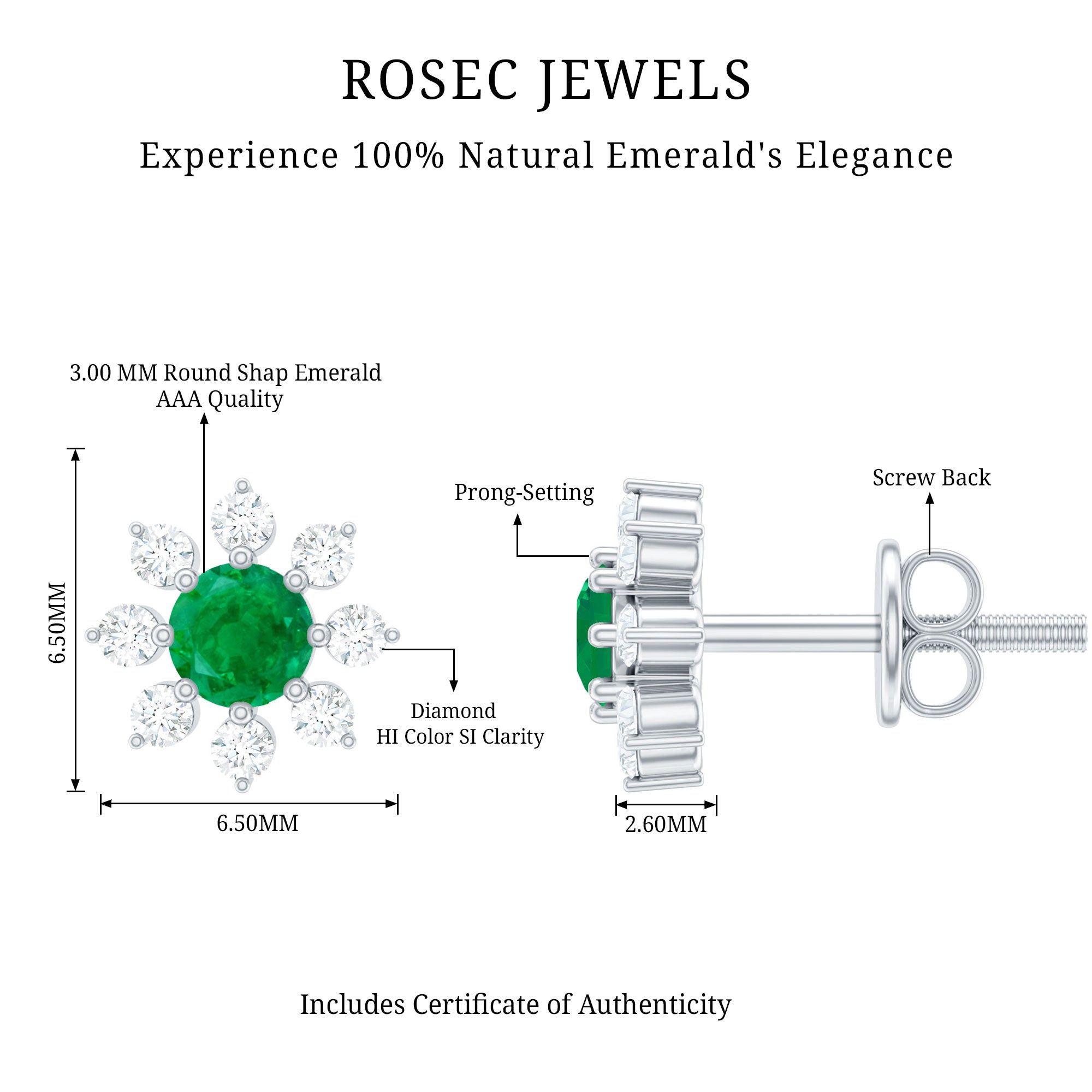 Natural Emerald and Diamond Floral Stud Earrings AAA - Rosec Jewels