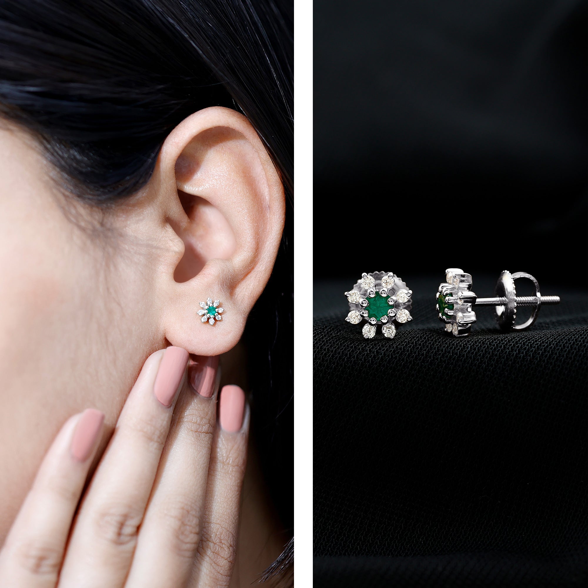 Natural Emerald and Diamond Floral Stud Earrings AAA - Rosec Jewels