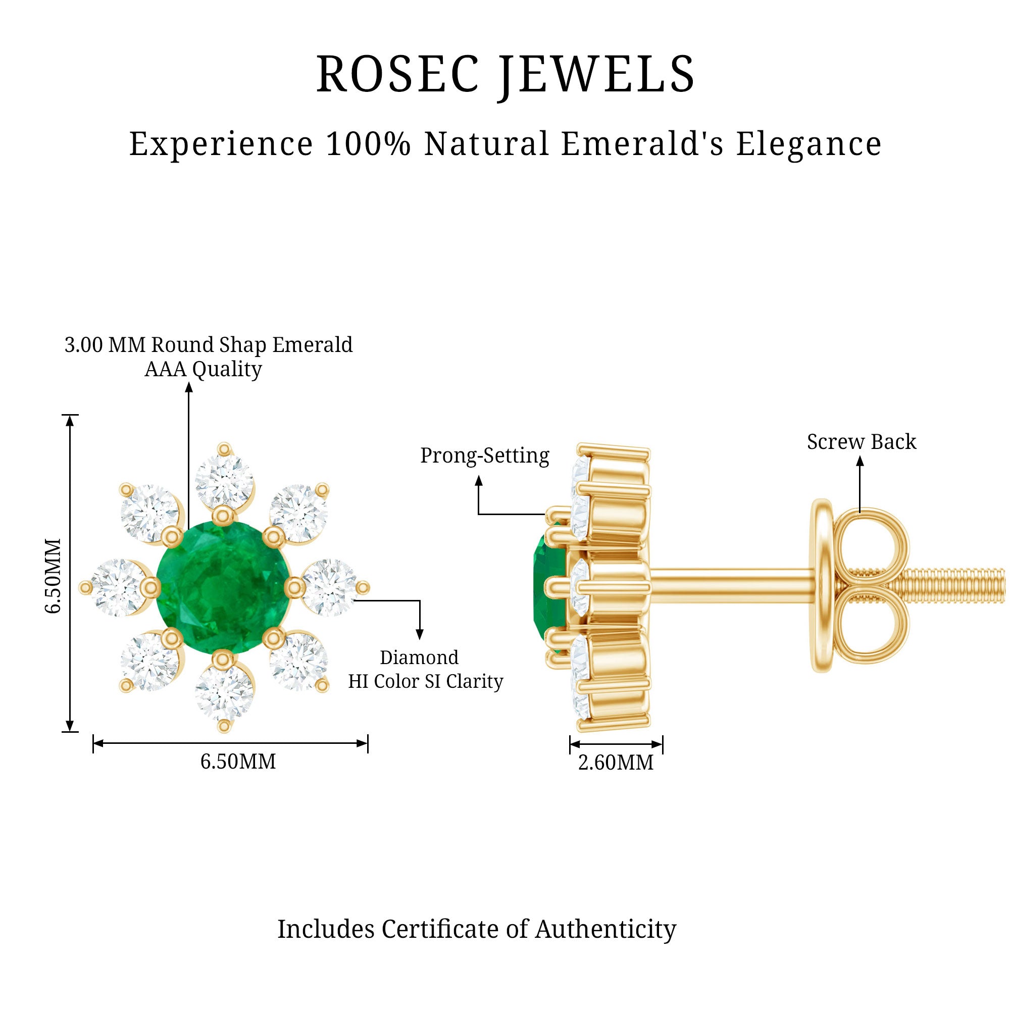 Natural Emerald and Diamond Floral Stud Earrings AAA - Rosec Jewels