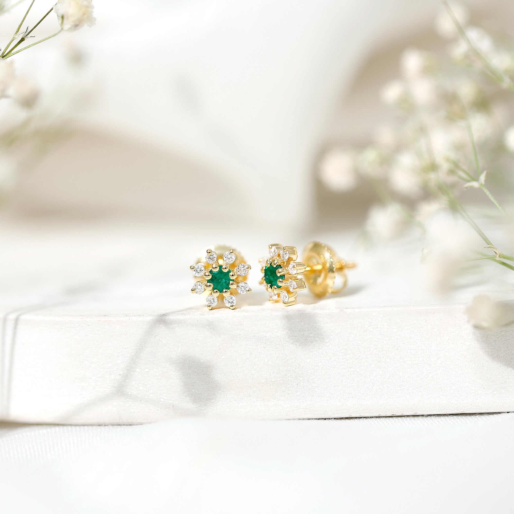 Natural Emerald and Diamond Floral Stud Earrings AAA - Rosec Jewels
