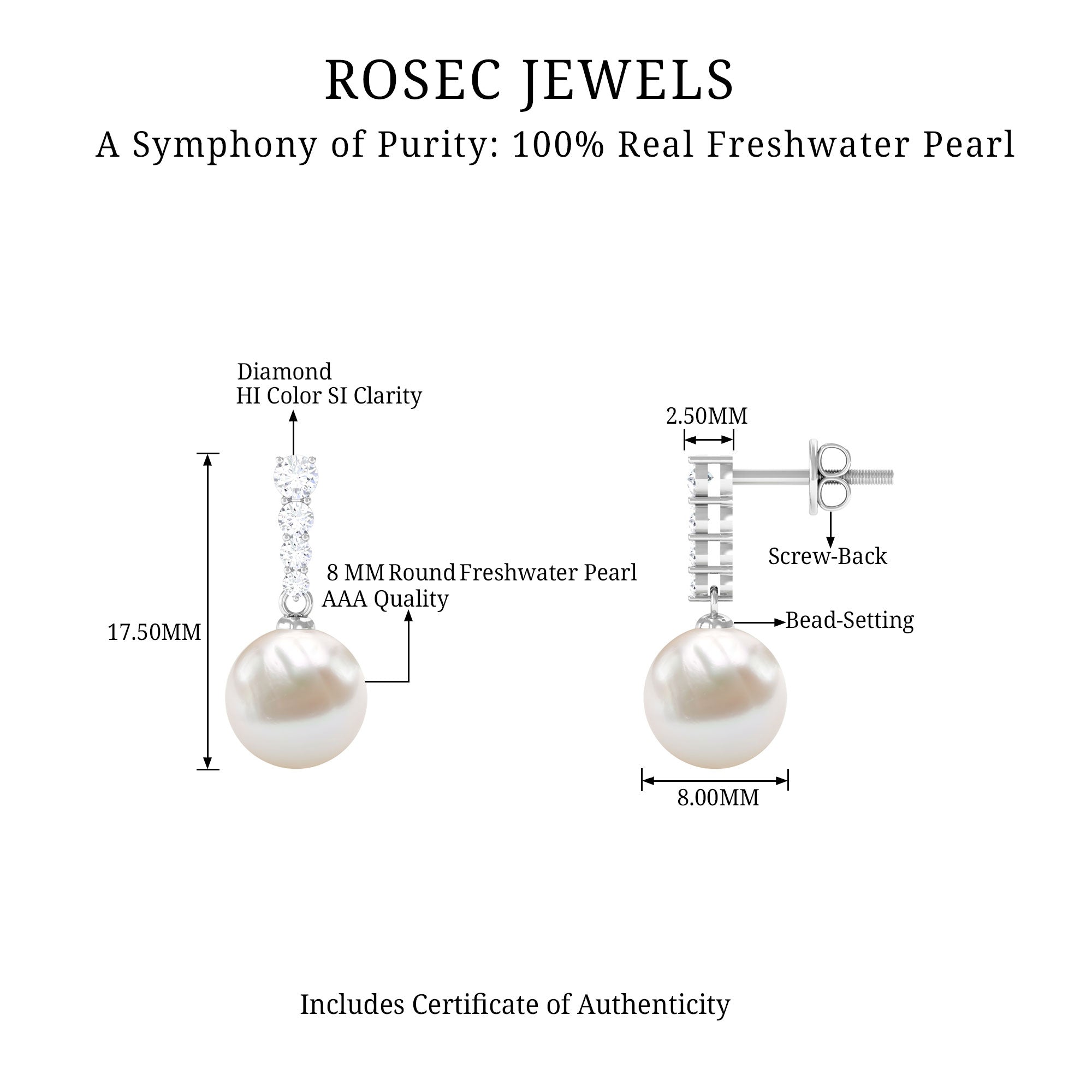 15 Carat Freshwater Pearl Drop Earrings with Diamond AAA - Rosec Jewels