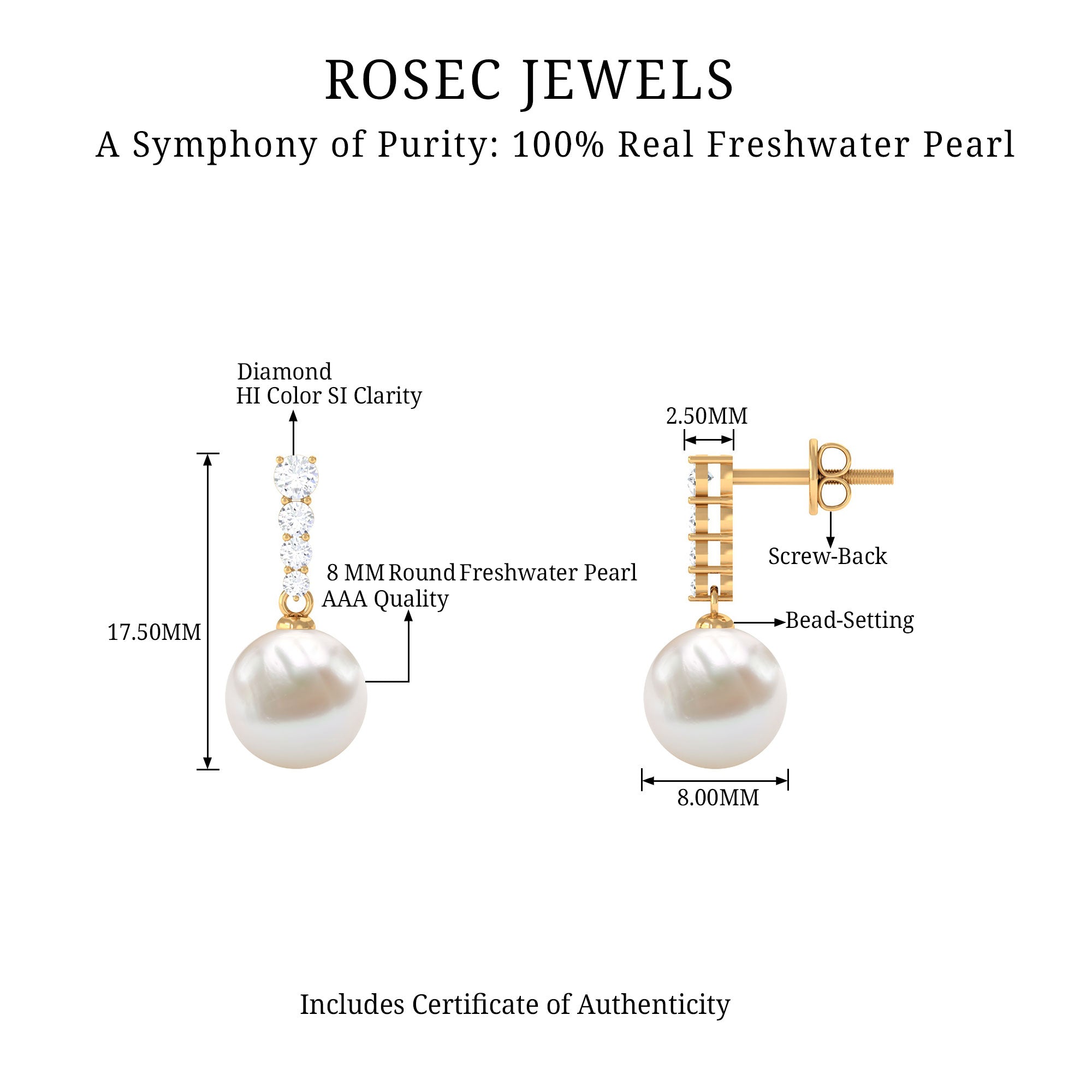 15 Carat Freshwater Pearl Drop Earrings with Diamond AAA - Rosec Jewels