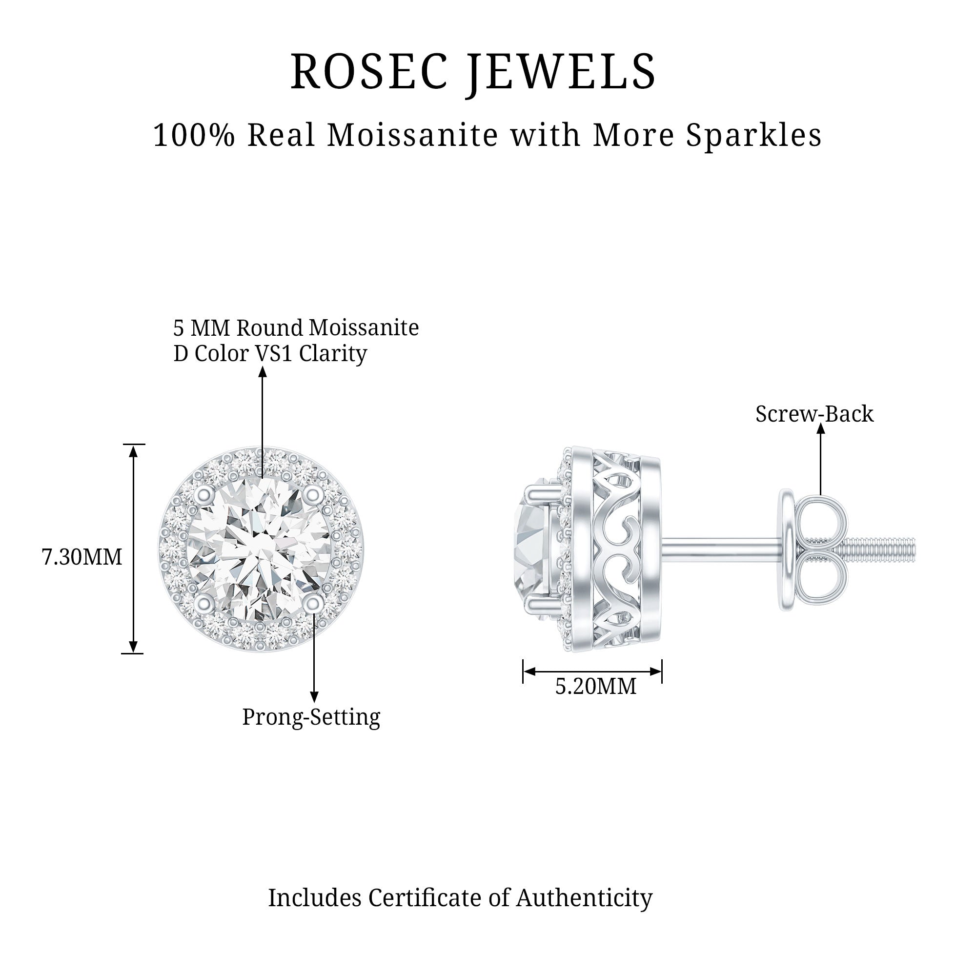 3 CT Certified Moissanite Minimal Stud Earrings with Halo in Gold D-VS1 - Rosec Jewels