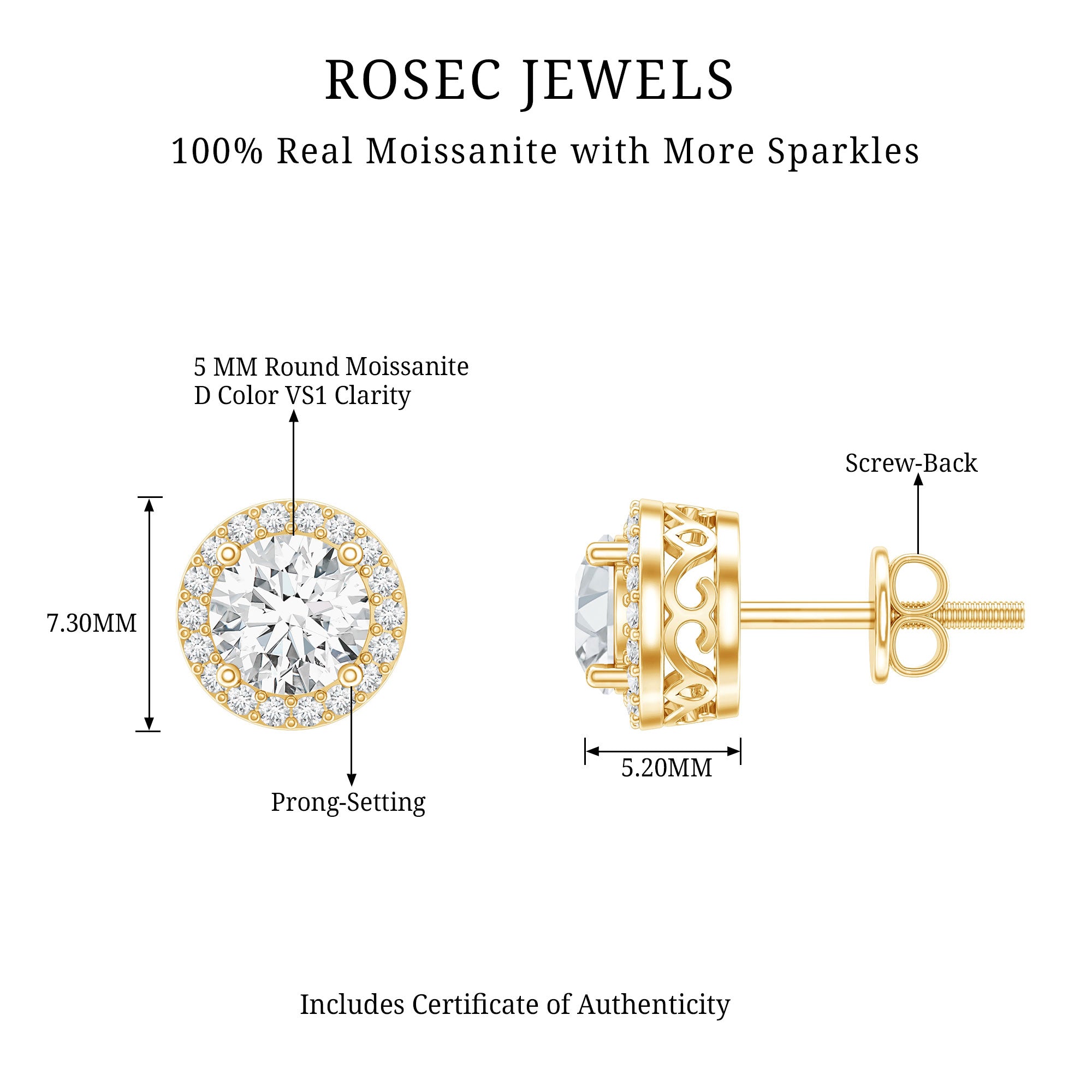 3 CT Certified Moissanite Minimal Stud Earrings with Halo in Gold D-VS1 - Rosec Jewels