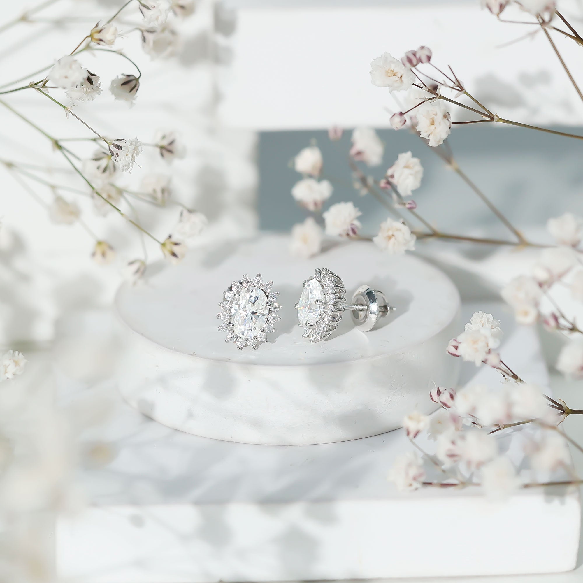 2 Carat Oval Moissanite Halo Stud Earrings In Sterling Silver D-VS1 92.5 Sterling Silver - Rosec Jewels